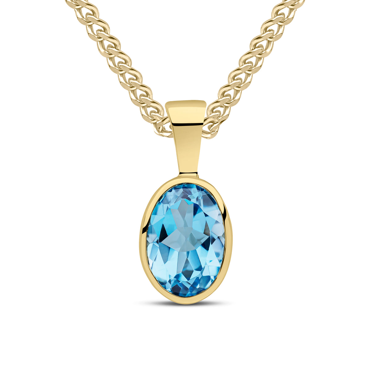 9ct Yellow Gold 7x5 Oval Swiss Blue Topaz Rubover Pendant