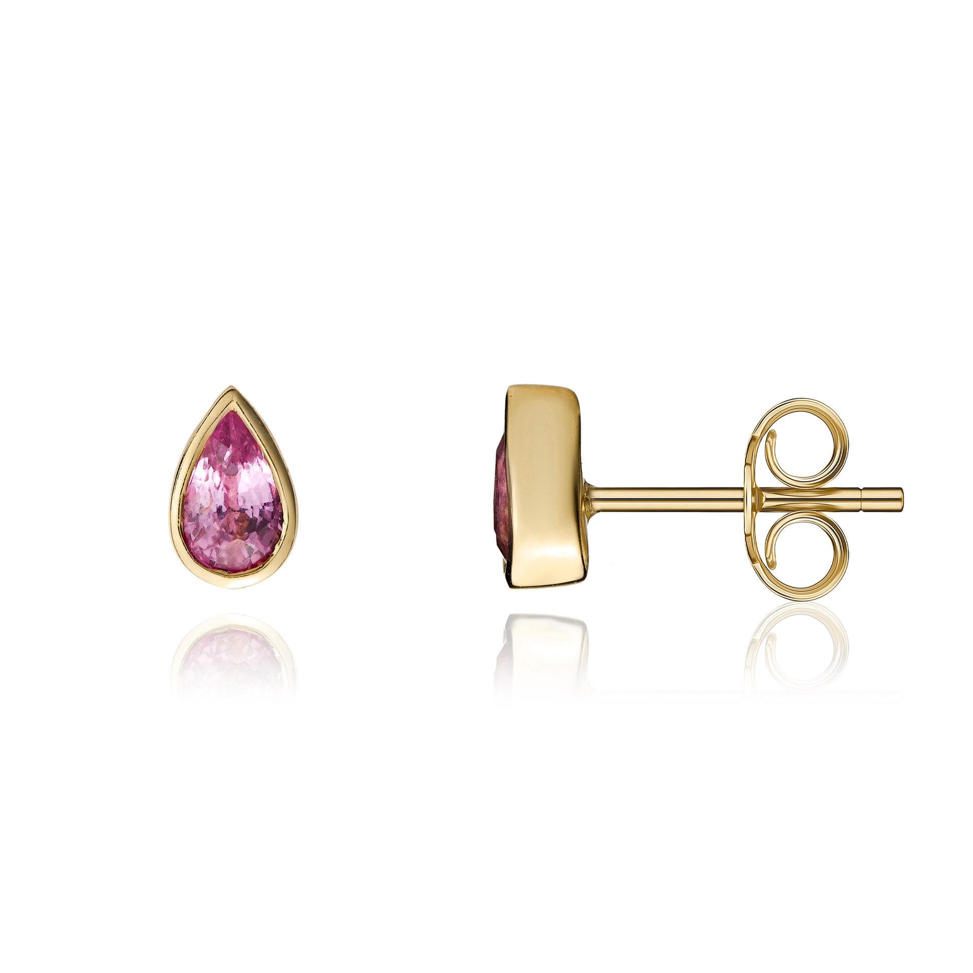 9ct Yellow Gold 5x3 Pear Shape Pink Sapphire Rubover Stud Earrings