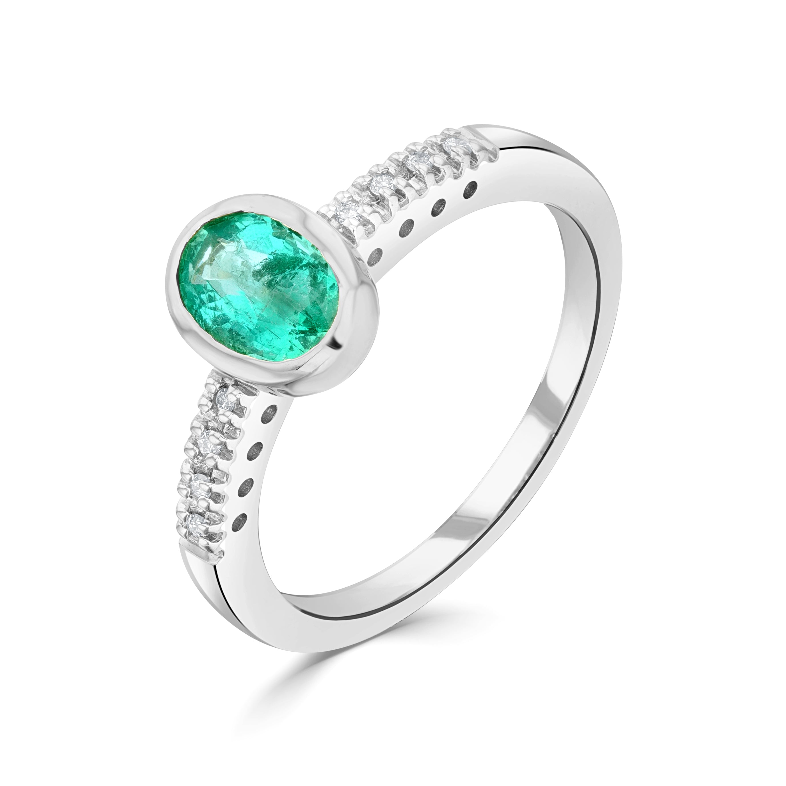 9ct White Gold Rubover 7x5 Oval Emerald Single Stone Ring with Claw Set Diamond Shoulders