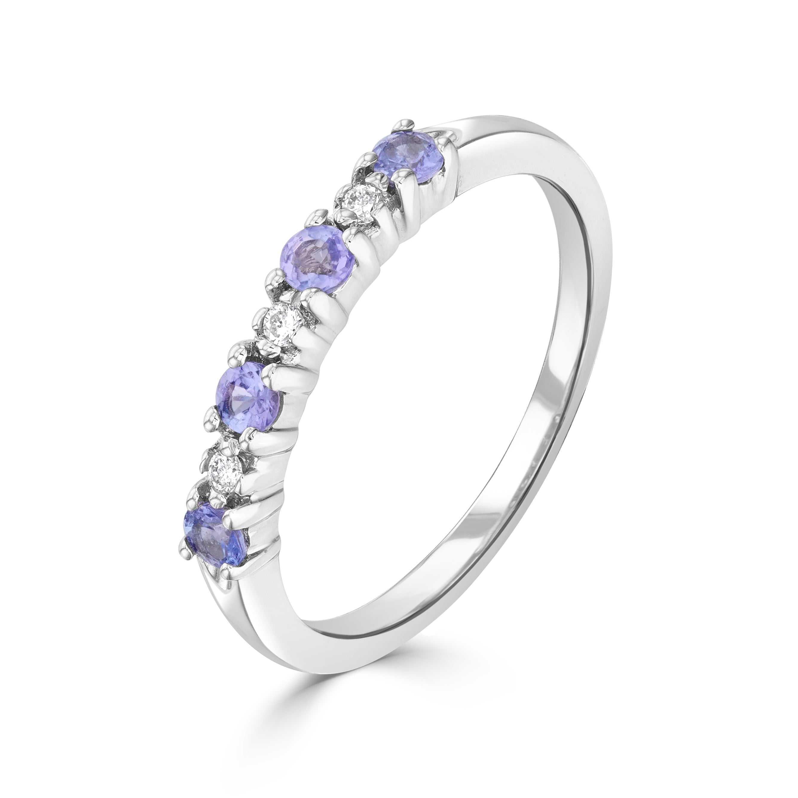 9ct White Gold Round Tanzanite & Diamond Claw Set 7 Stone Ring