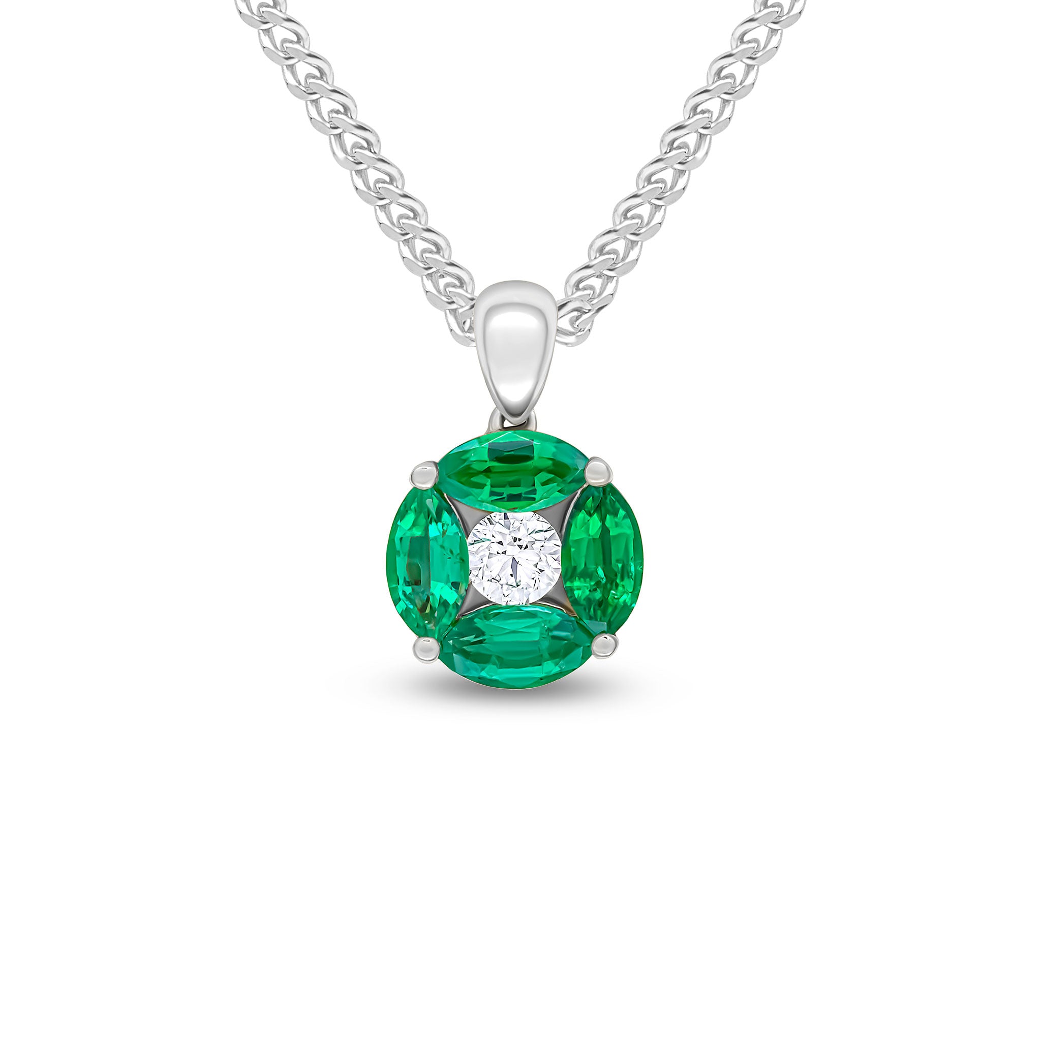 18ct White Gold Marquise Emerald & Diamond Reverse Cluster Pendant