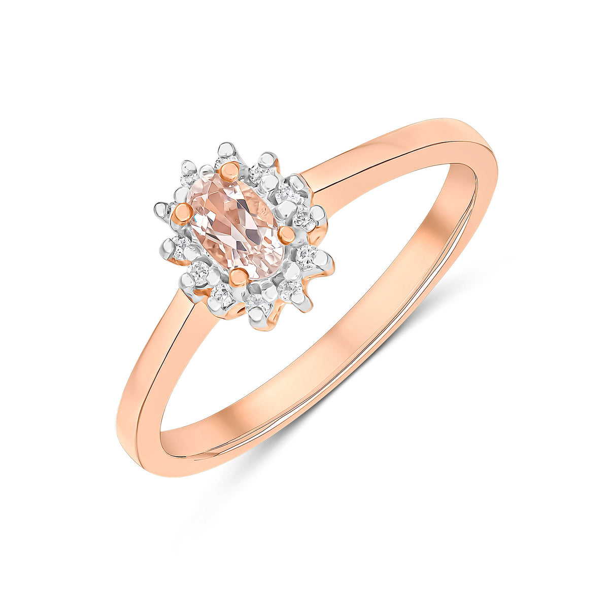 9ct Rose Gold 5x3 Oval Morgnite & Diamond Claw Set Cluster Ring Rhodium to Diamonds