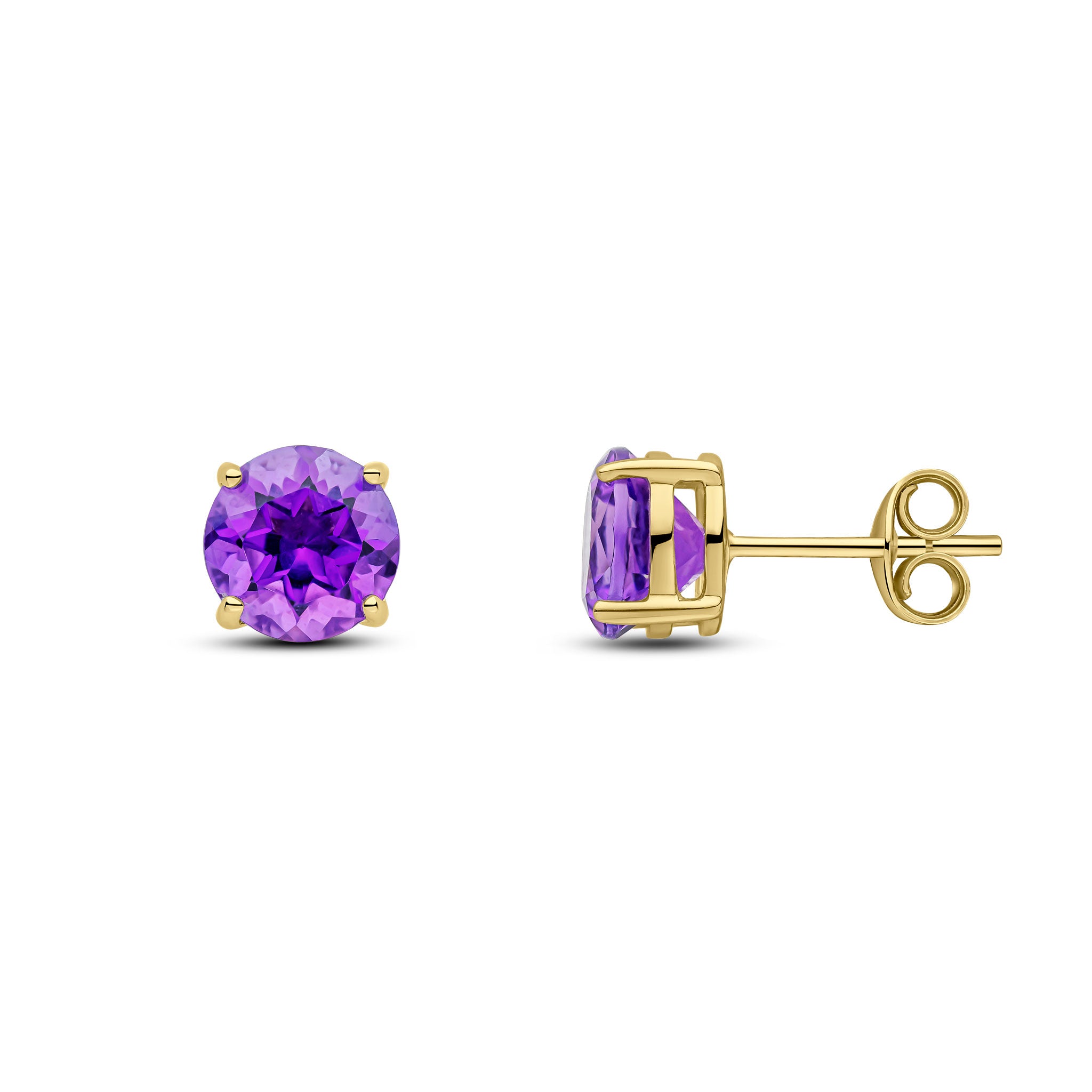 9ct Yellow Gold 7mm Round Amethyst Claw Set Earrings