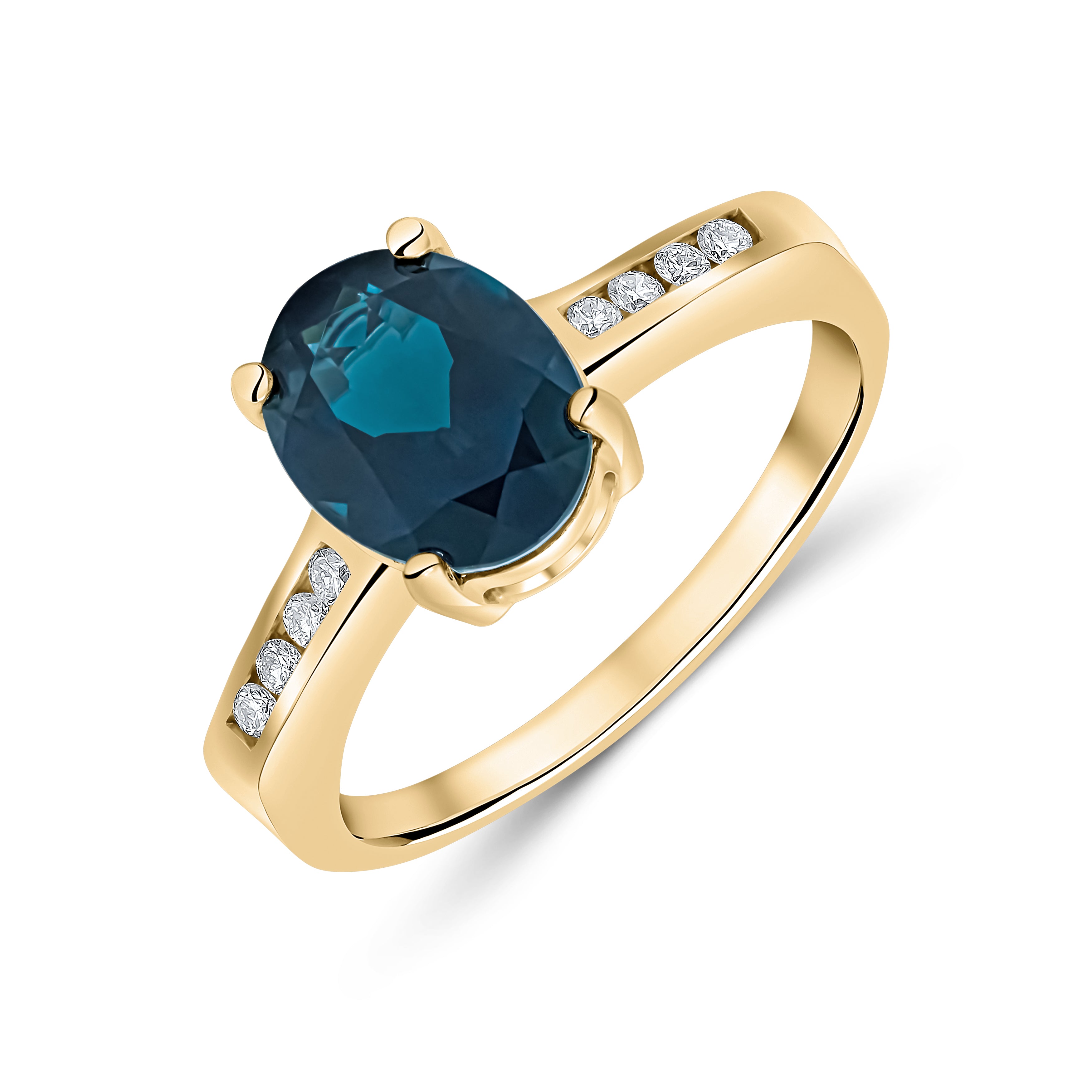 9CT YG 9X7MM CLAW SET OVAL LONDON BLUE TOPAZ SINGLE STONE RING WITH CHANNEL SET DIAMOND SHOULDERS 1