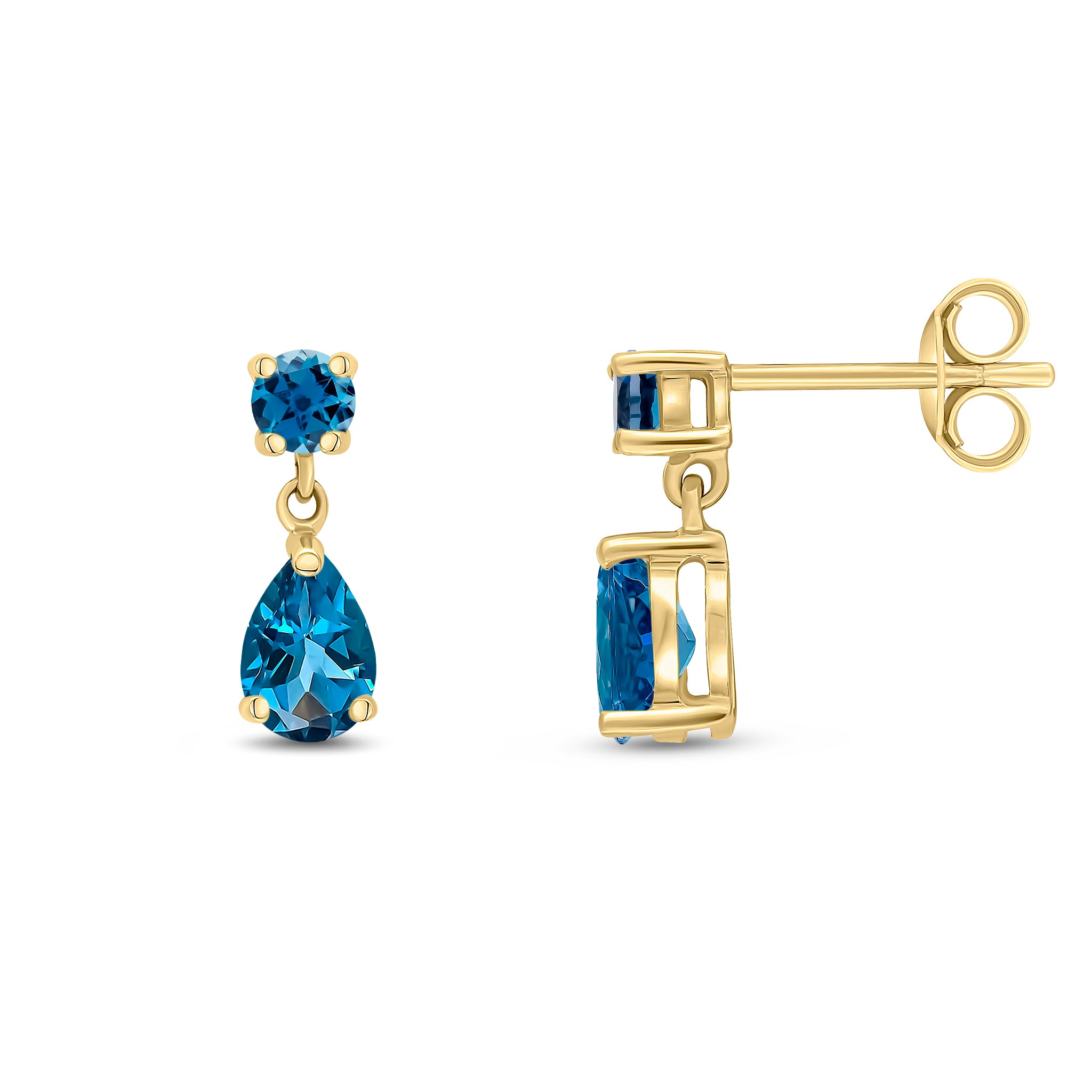 9ct Yellow Gold Round and Pear Shape London Blue Topaz 2 Stone Claw Set Drop Earrings