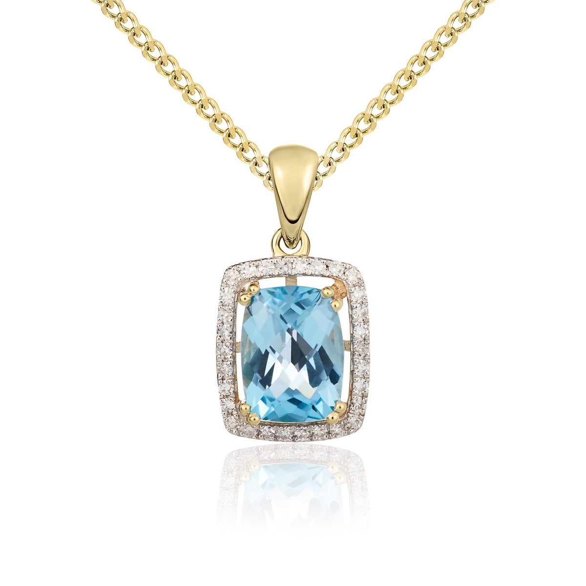 9ct Yellow Gold Octagonal Cushion Swiss Blue Topaz & Diamond Cluster Pendant