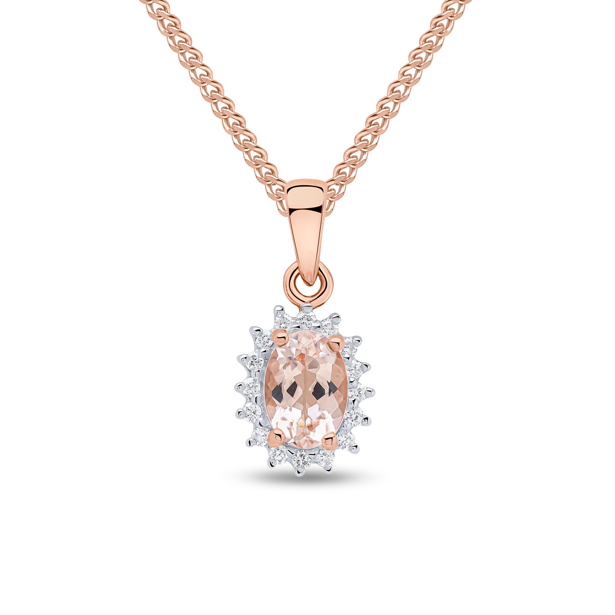9ct rose gold oval Morganite and Diamond cluster pendant