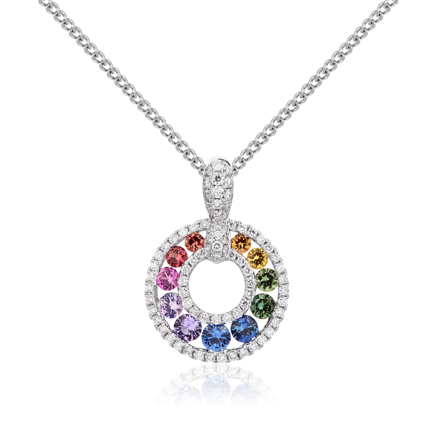 18ct White Gold Multi-Sapphire & Diamond Open Circle Pendant