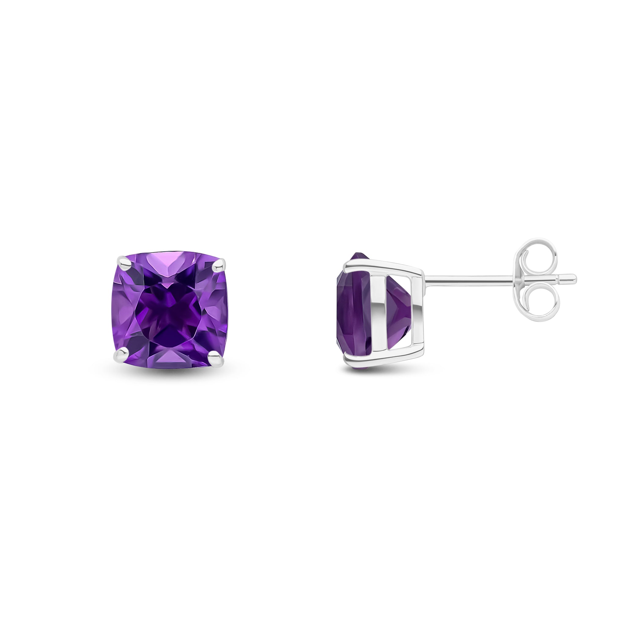 9ct White Gold 8mm Cushion Amethyst Claw Set Earrings