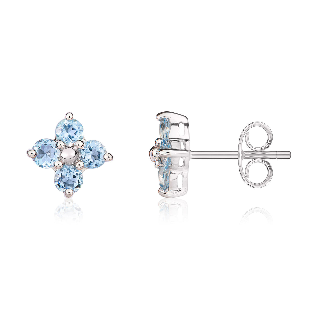 9ct White Gold Round Aquamarine Quatrefoil Claw Earrings