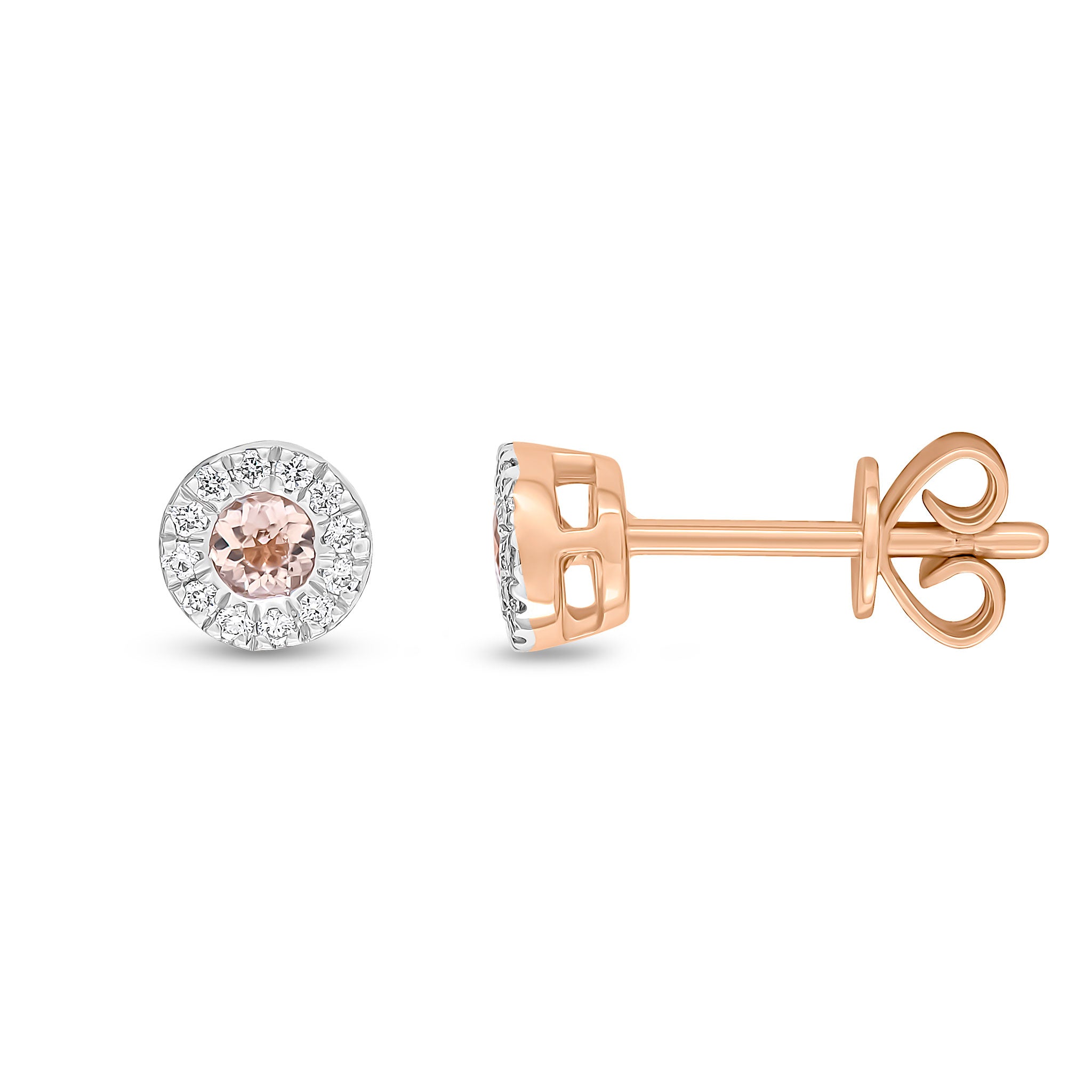18ct Rose Gold 3mm Round Morganite & Diamond Microset Cluster Earrings