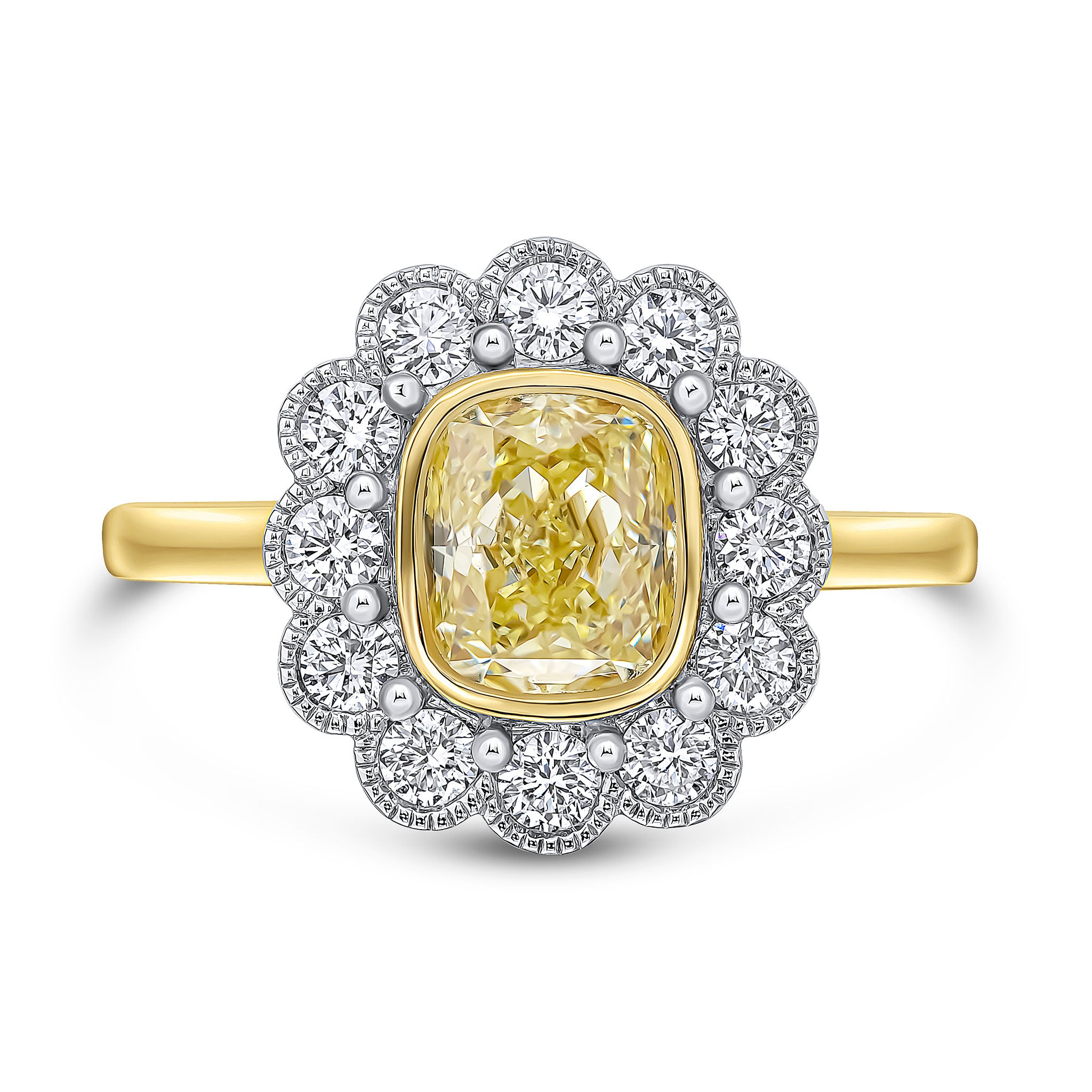 18ywg Cushion Yellow and White Diamond Milgrain Cluster Ring