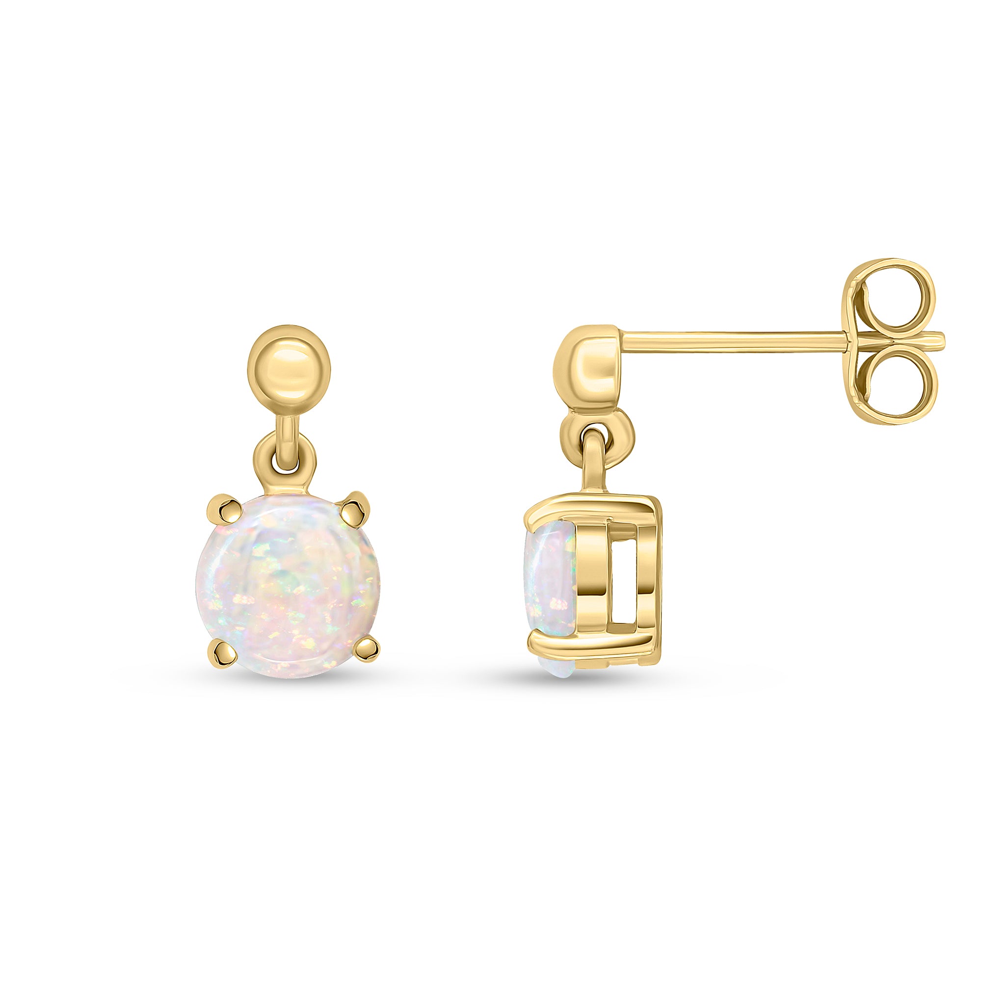 9ct Yellow Gold 6mm Round Opal Claw Set Drop Earrings with Bead Top