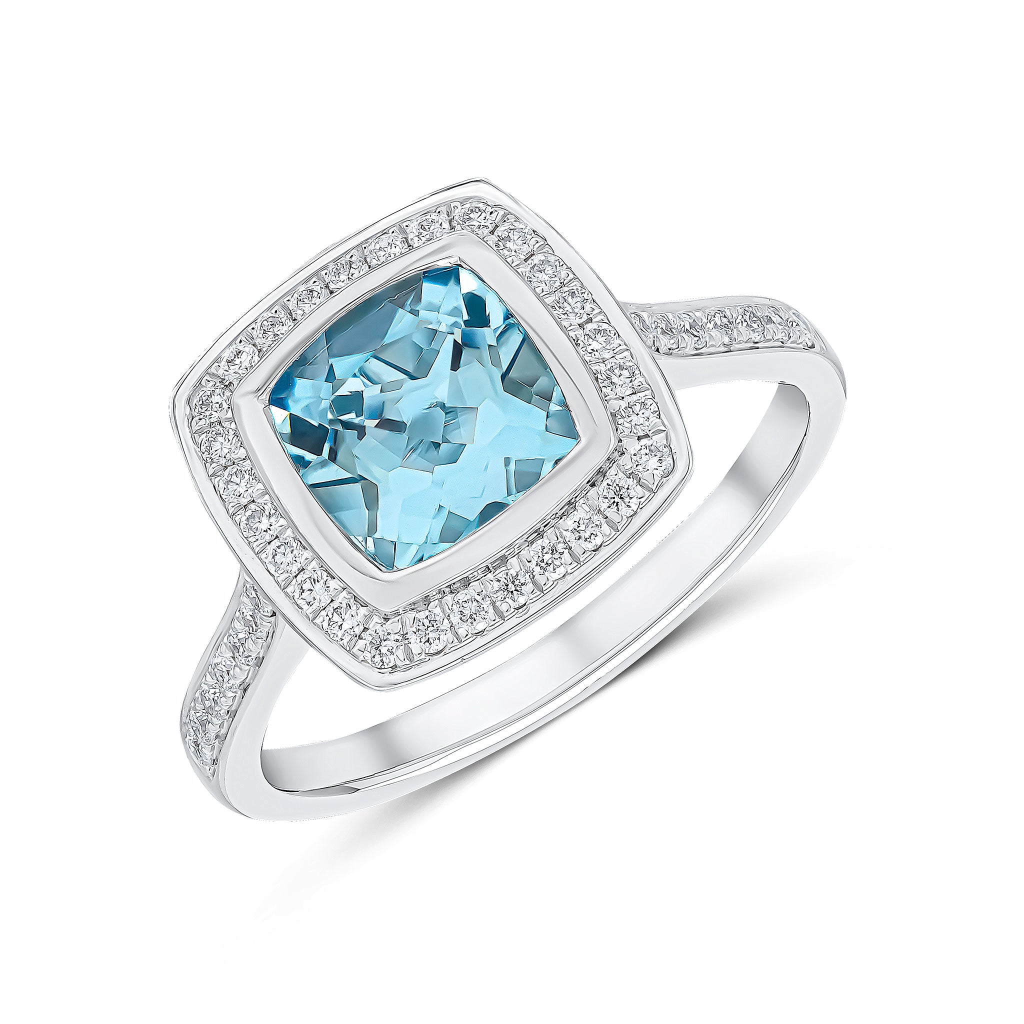 18ct White Gold Rubover Cushion Aquamarine & Diamond Grain Set Cluster Ring with Diamond Set Shoulders