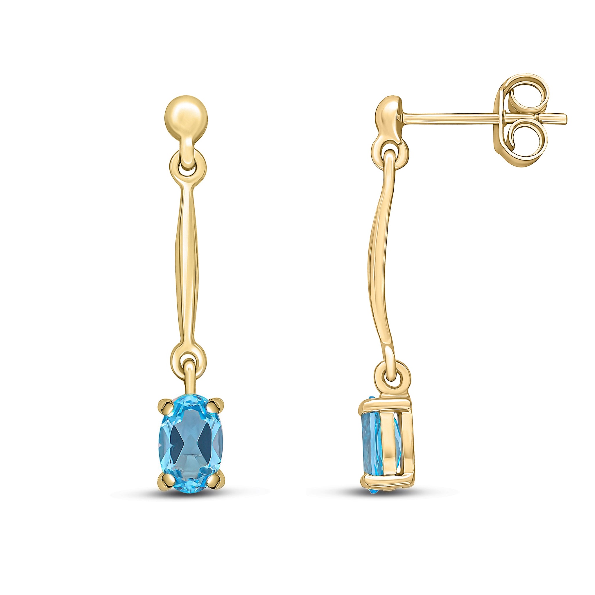 9ct Yellow Gold Claw Set 6x4mm Oval Swiss Blue Topaz and Bar Drop Earrings