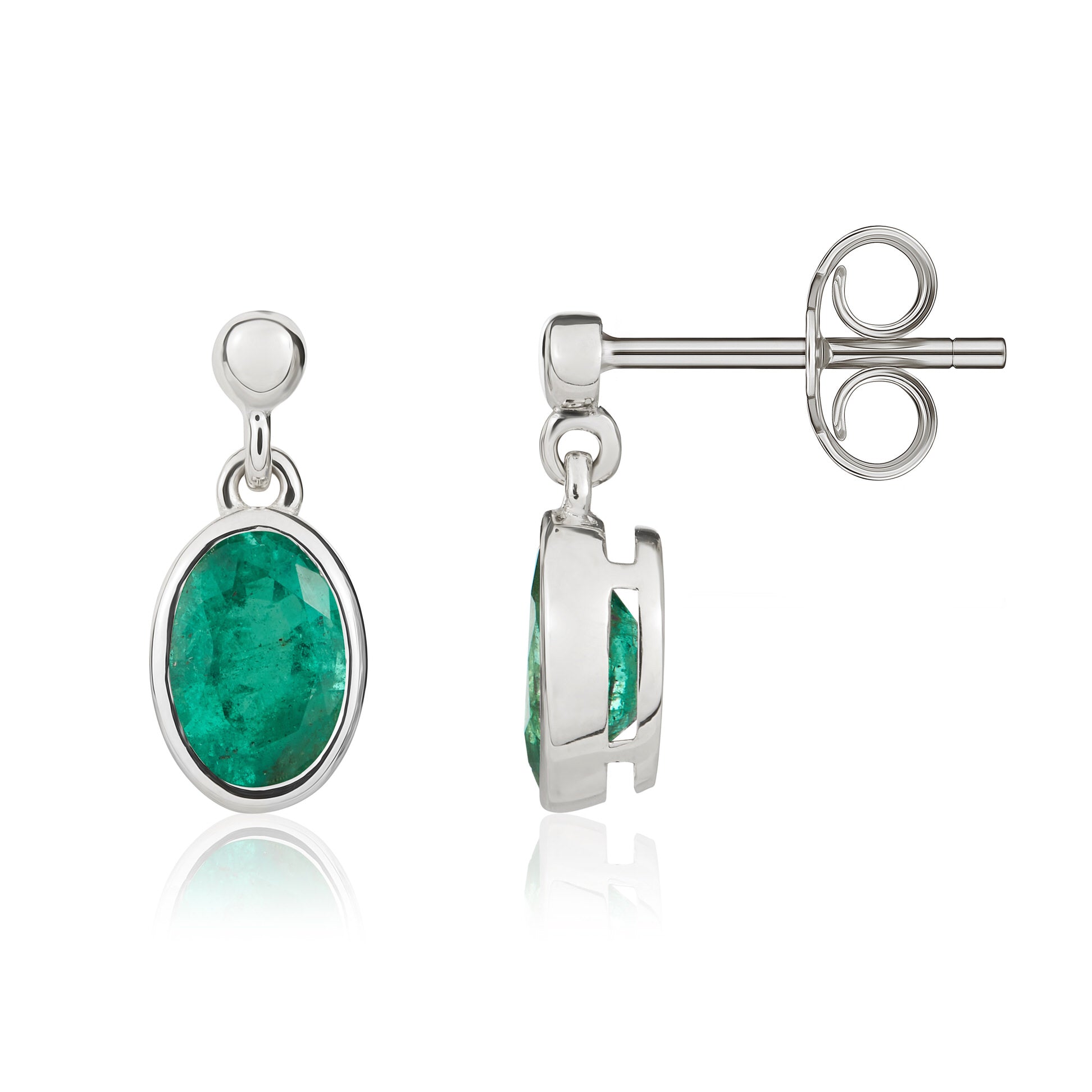 9ct white gold 7 x 5mm Oval Emerald Rubover Drop Earrings With Bead Top
