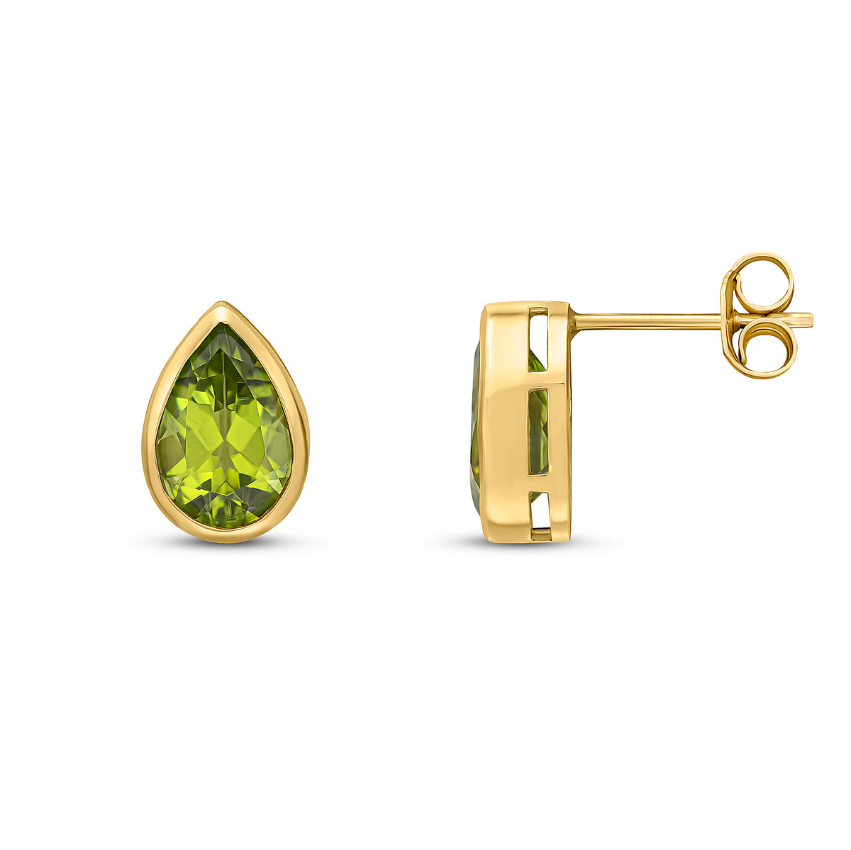 9ct Yellow Gold 9x6 Pear Shape Peridot Rubover Earrings
