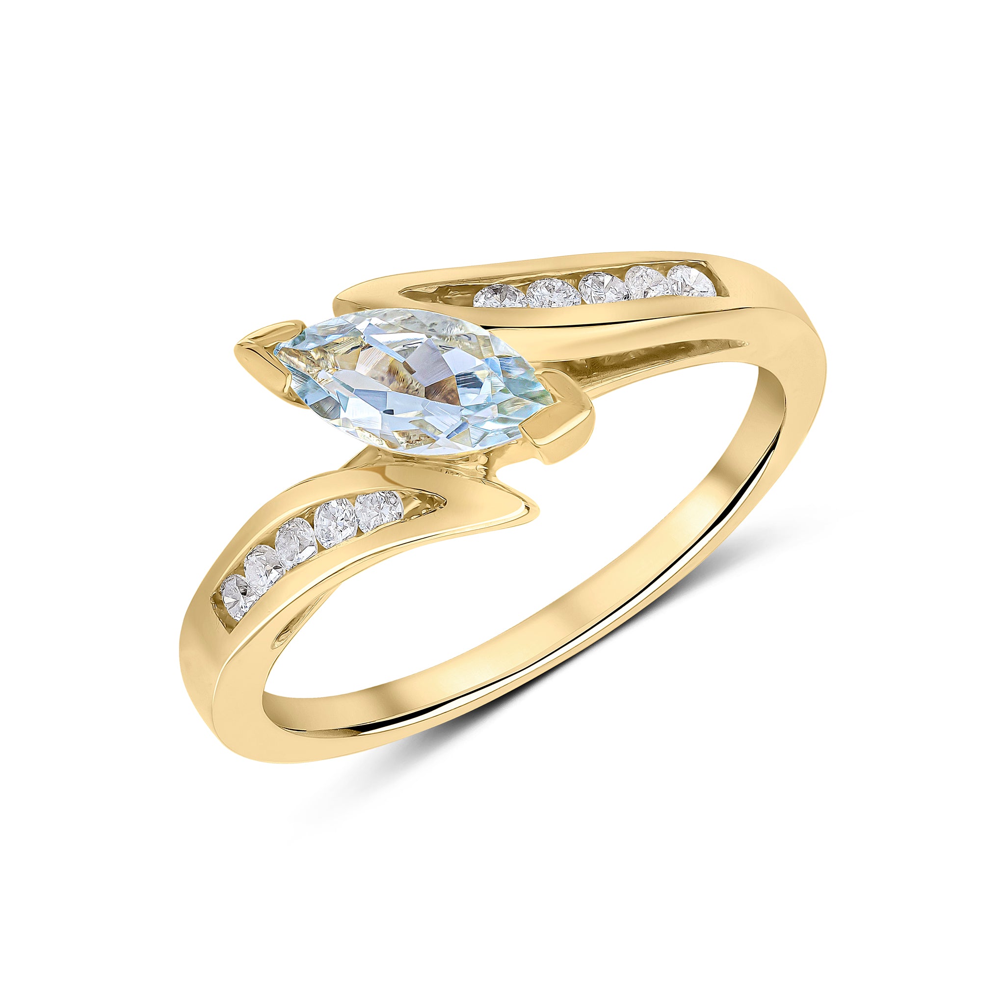 9ct Yellow Gold Marquise Aquamarine Single Stone Twist Ring with Diamond Shoulders