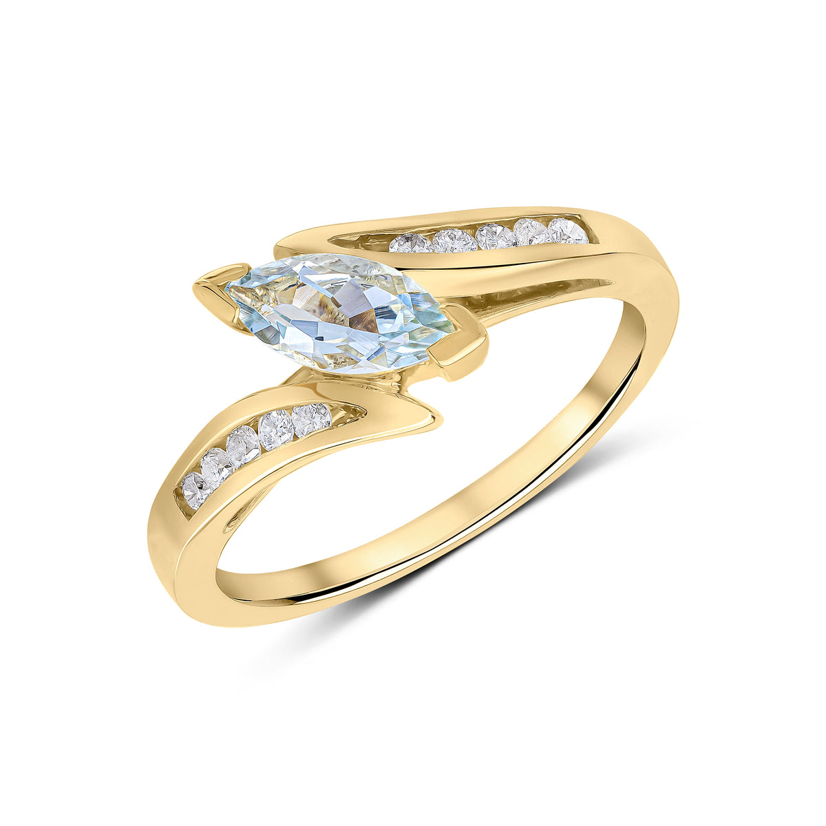 9ct Yellow Gold Marquise Aquamarine Single Stone Twist Ring with Diamond Shoulders