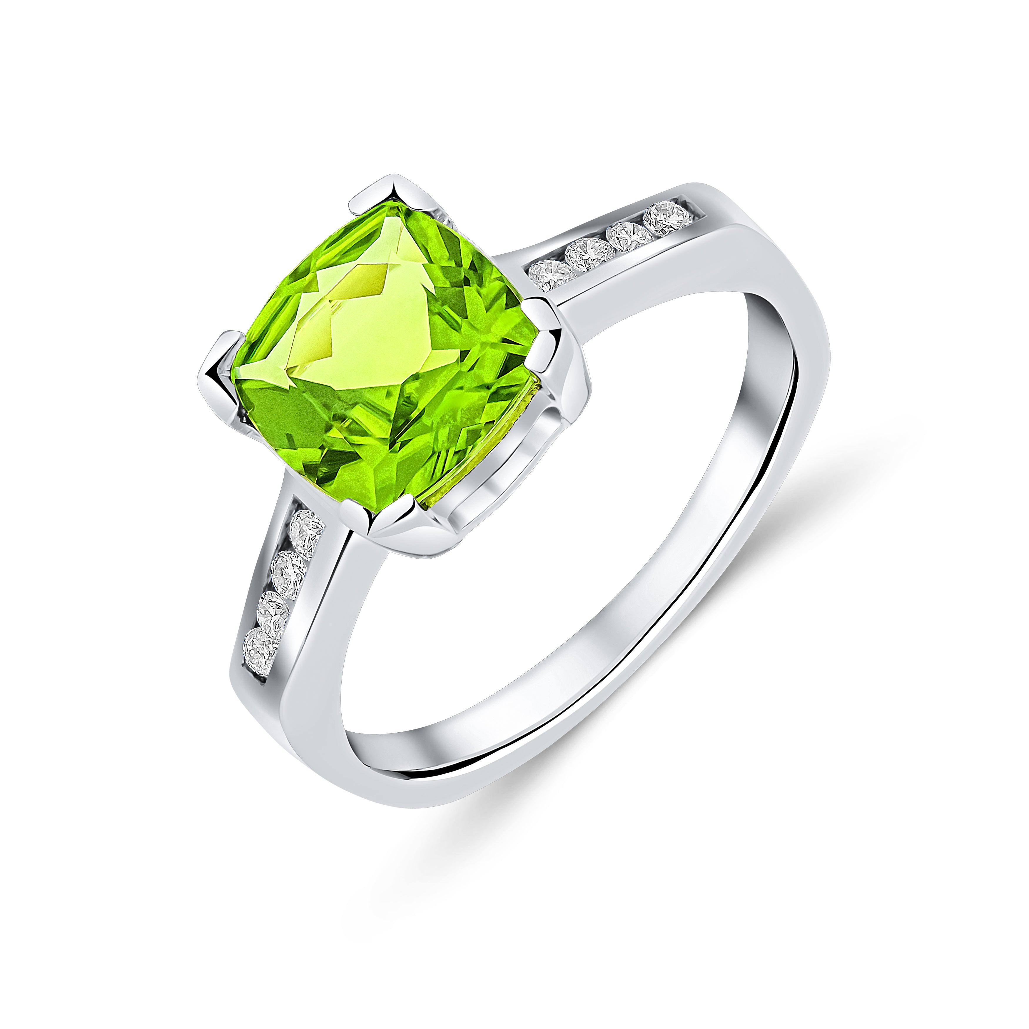 9ct White Gold Claw Set Cushion Peridot Single Stone Ring with Channel Set Diamond Shoulders
