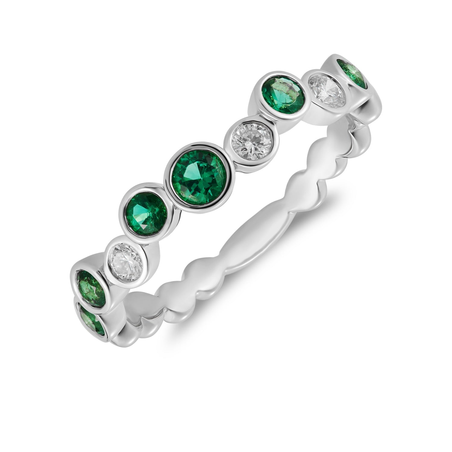 18ct White Gold Round Emerald & Diamond Single Row Bubble Ring