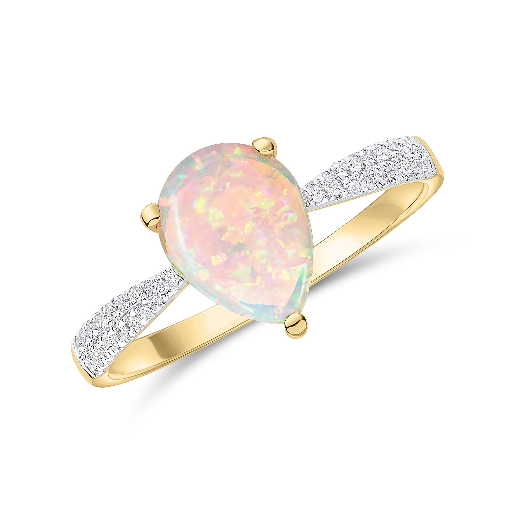18ct Yellow Gold 9x7 Pear Shape Opal Single Stone Ring with Diamond Set Shoulders Shoulder Rhodium to Diamonds