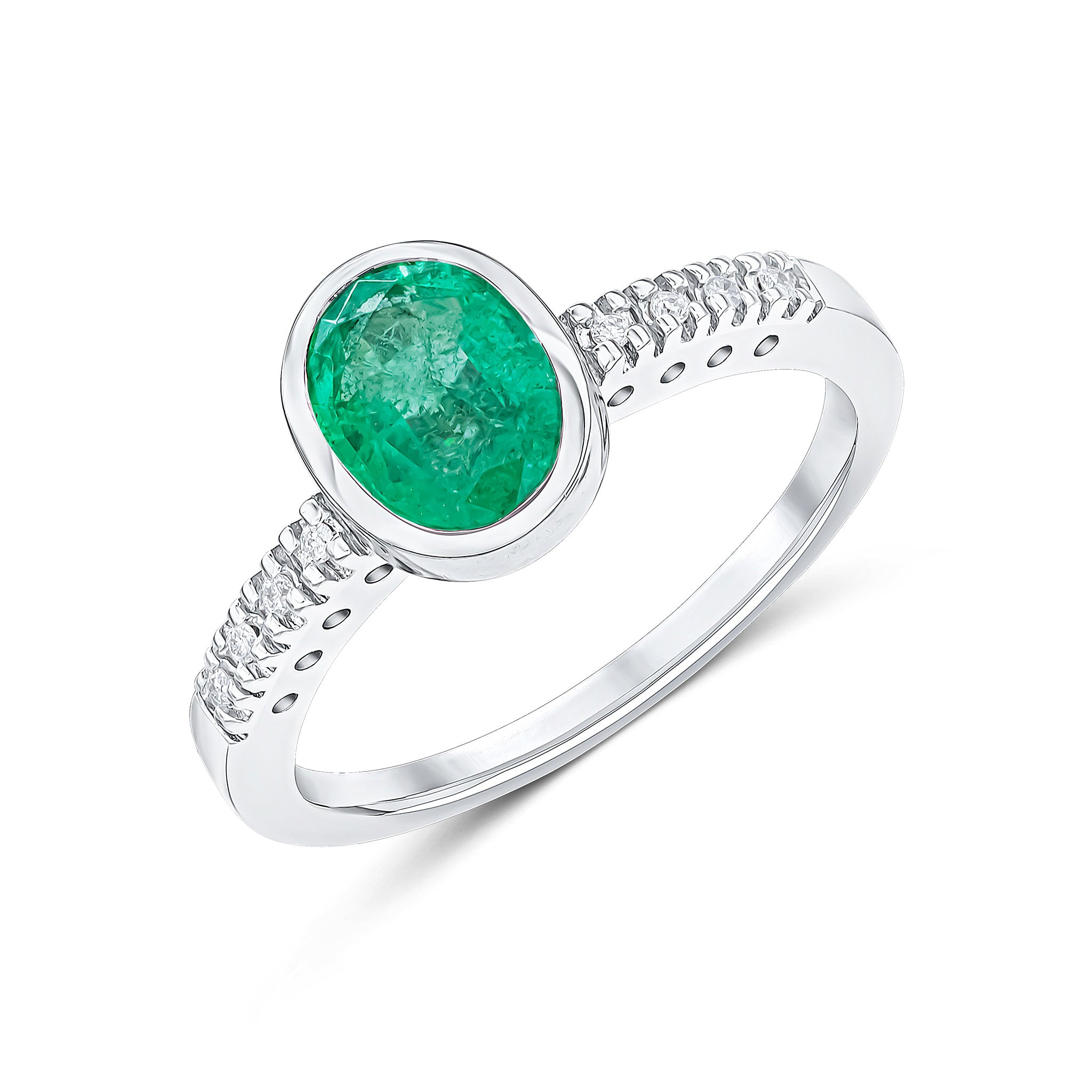 9CT WG RUBOVER 8X6 OVAL EMERALD SINGLE STONE RING WITH CLAW SET DIAMOND SHOULDERS 1