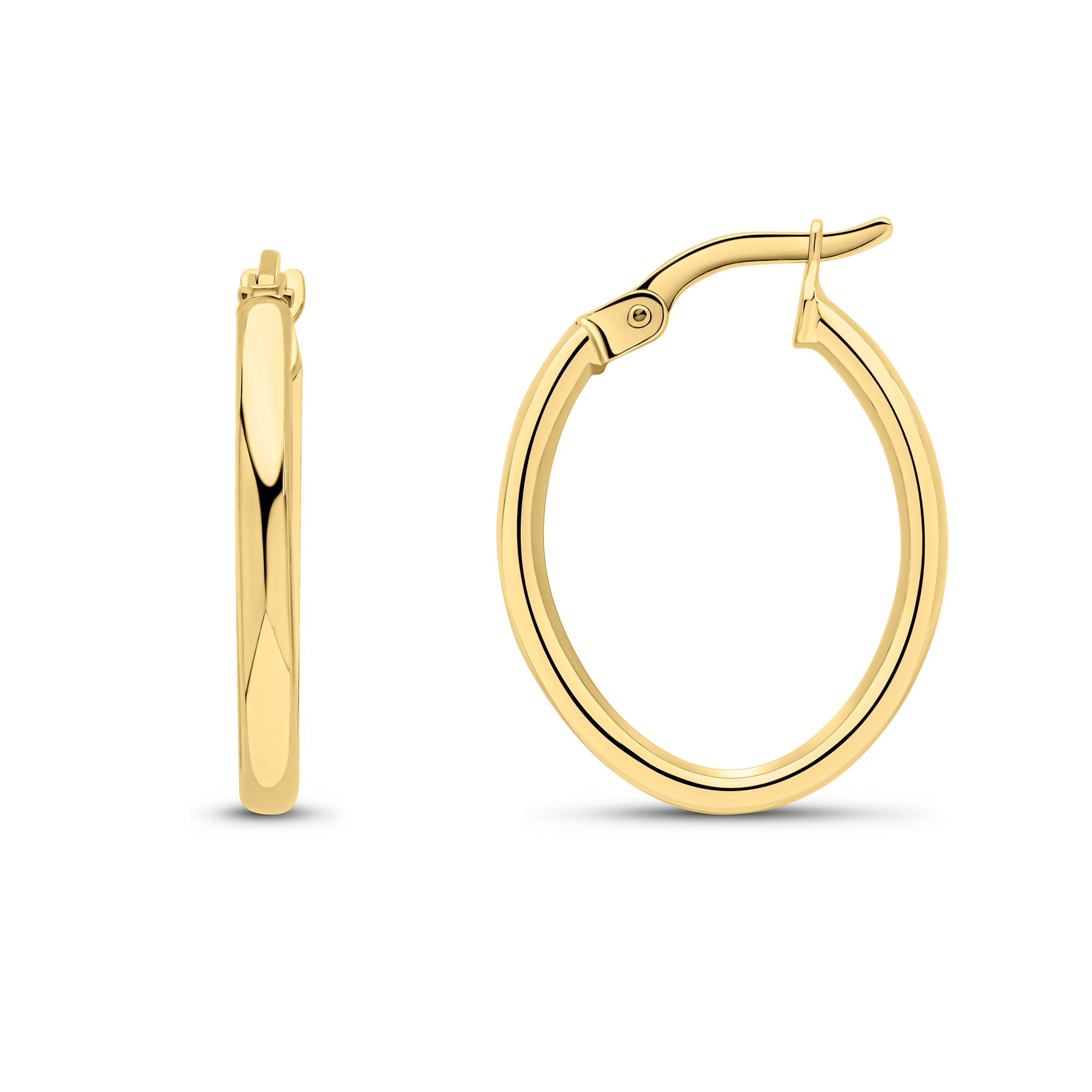 9ct yellow gold 2mm Polished Tube Oval Hoop Earrings. 19mm Long