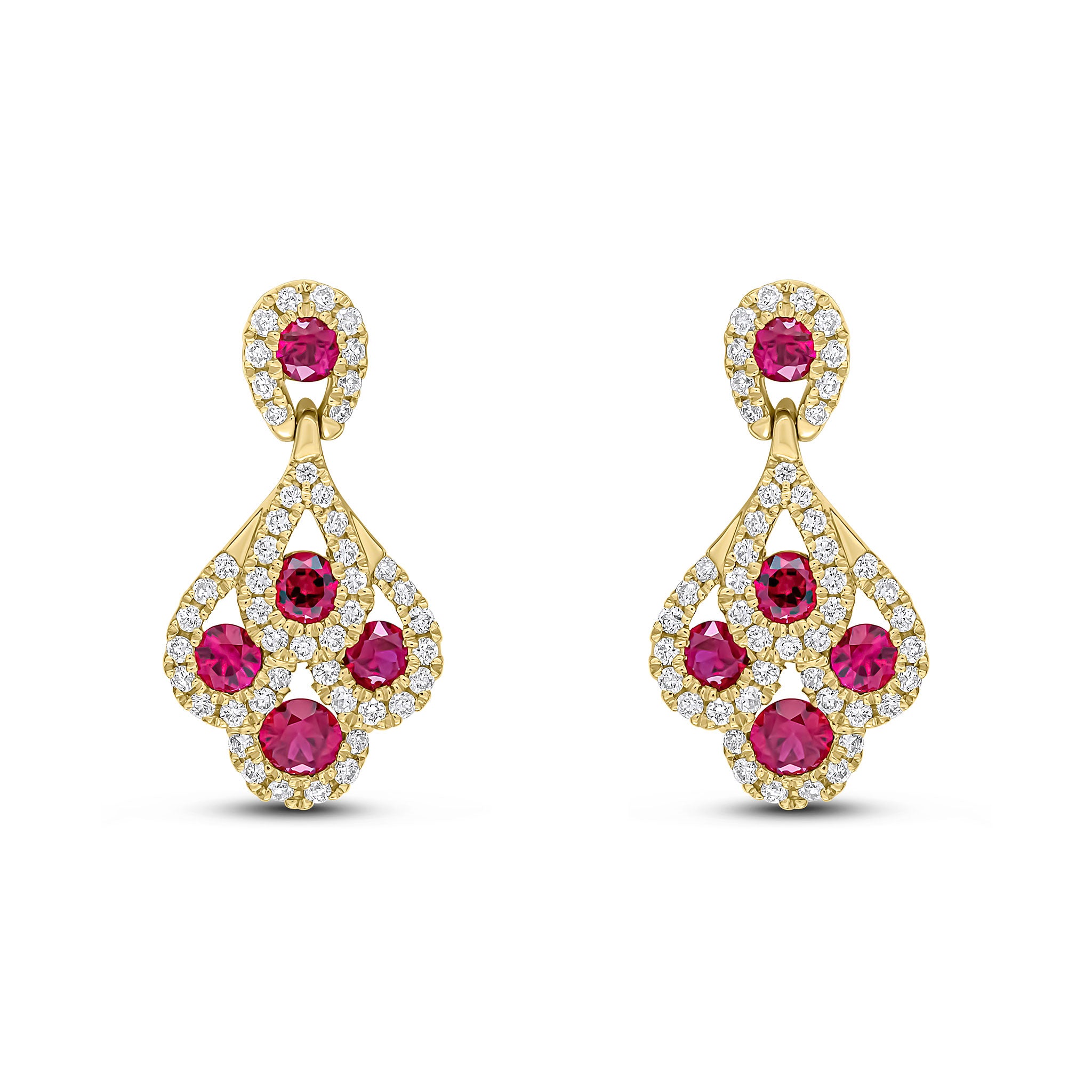 18ct Yellow Gold Round Ruby and Diamond 'peacock' Drop Earrings