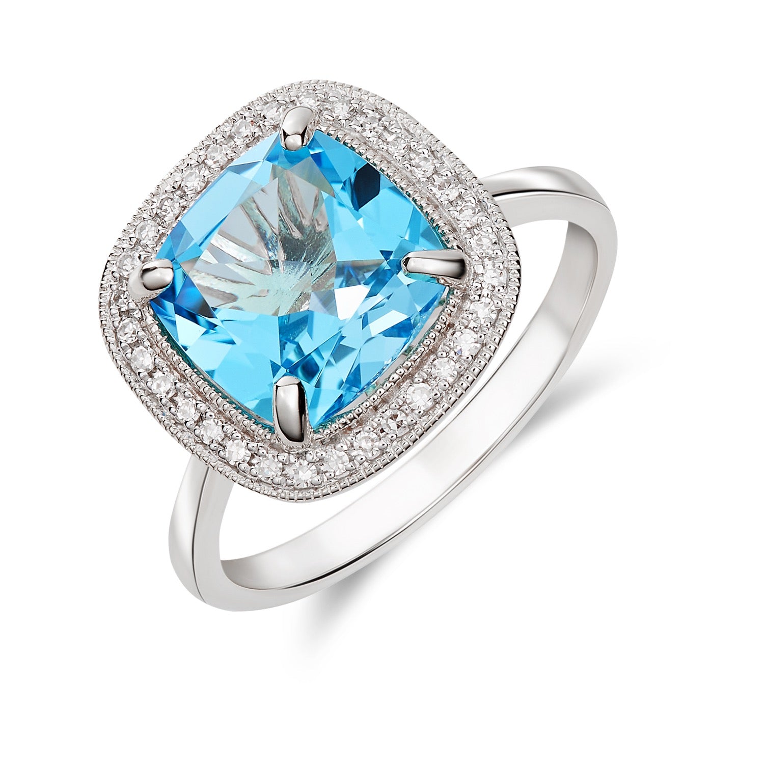 9ct White Gold 9mm Cushion Swiss Blue Topaz and Diamond Cluster Ring with Milgrain Edge