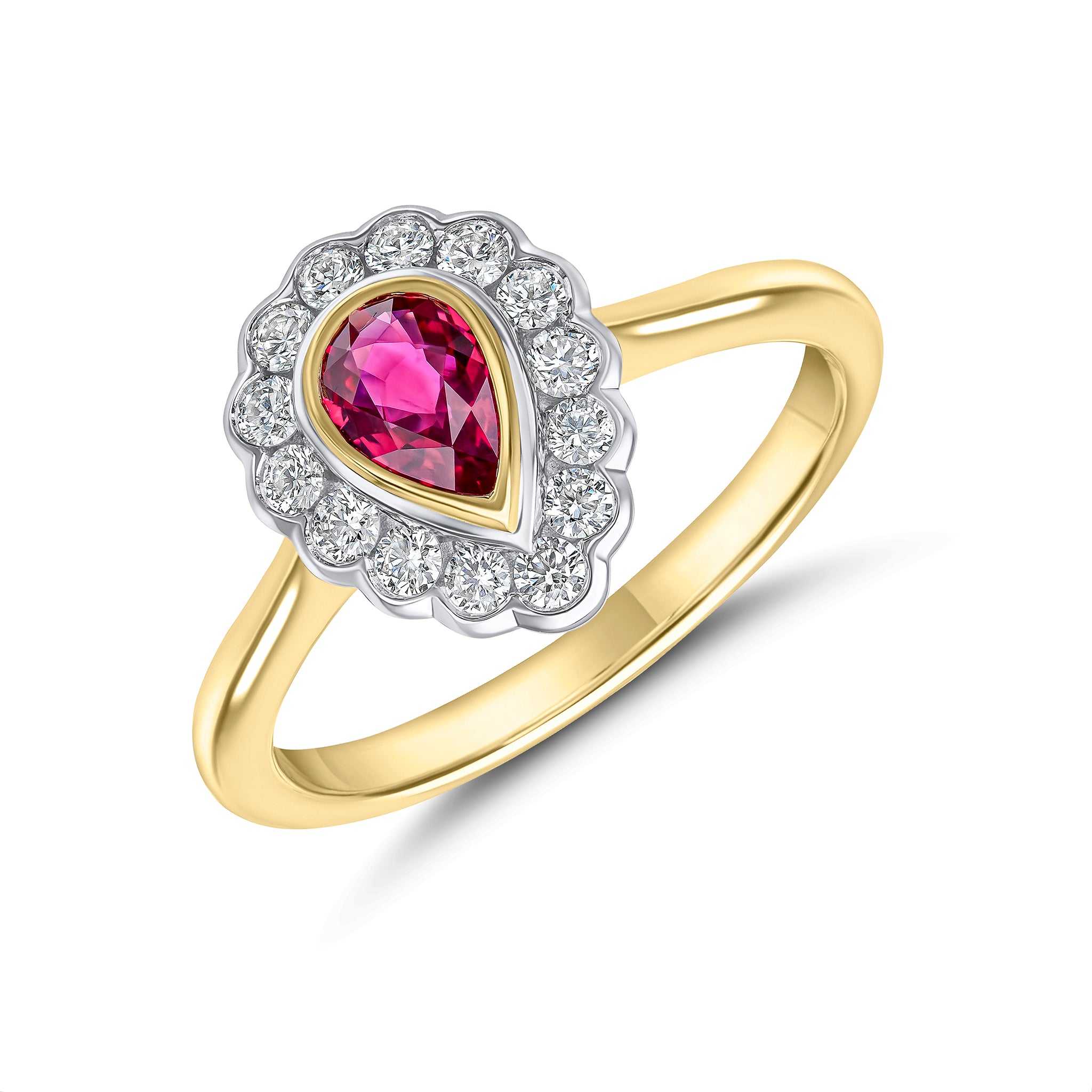 18ct Ywg Pear Shape Ruby and Round Diamond Rubover Cluster Ring