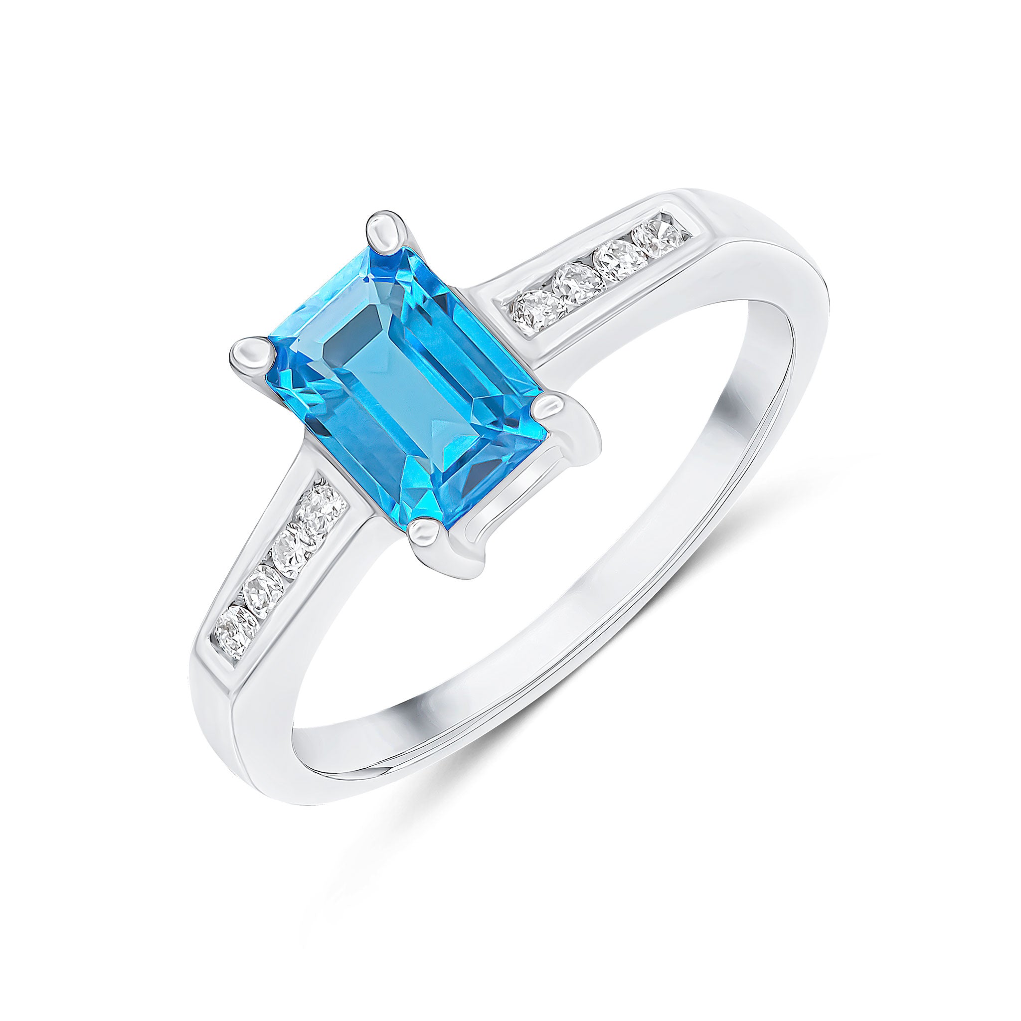9ct White Gold 7x5 Octagon Swiss Blue Topaz Claw Set Single Stone Ring with Channel Set Diamond Shoulders
