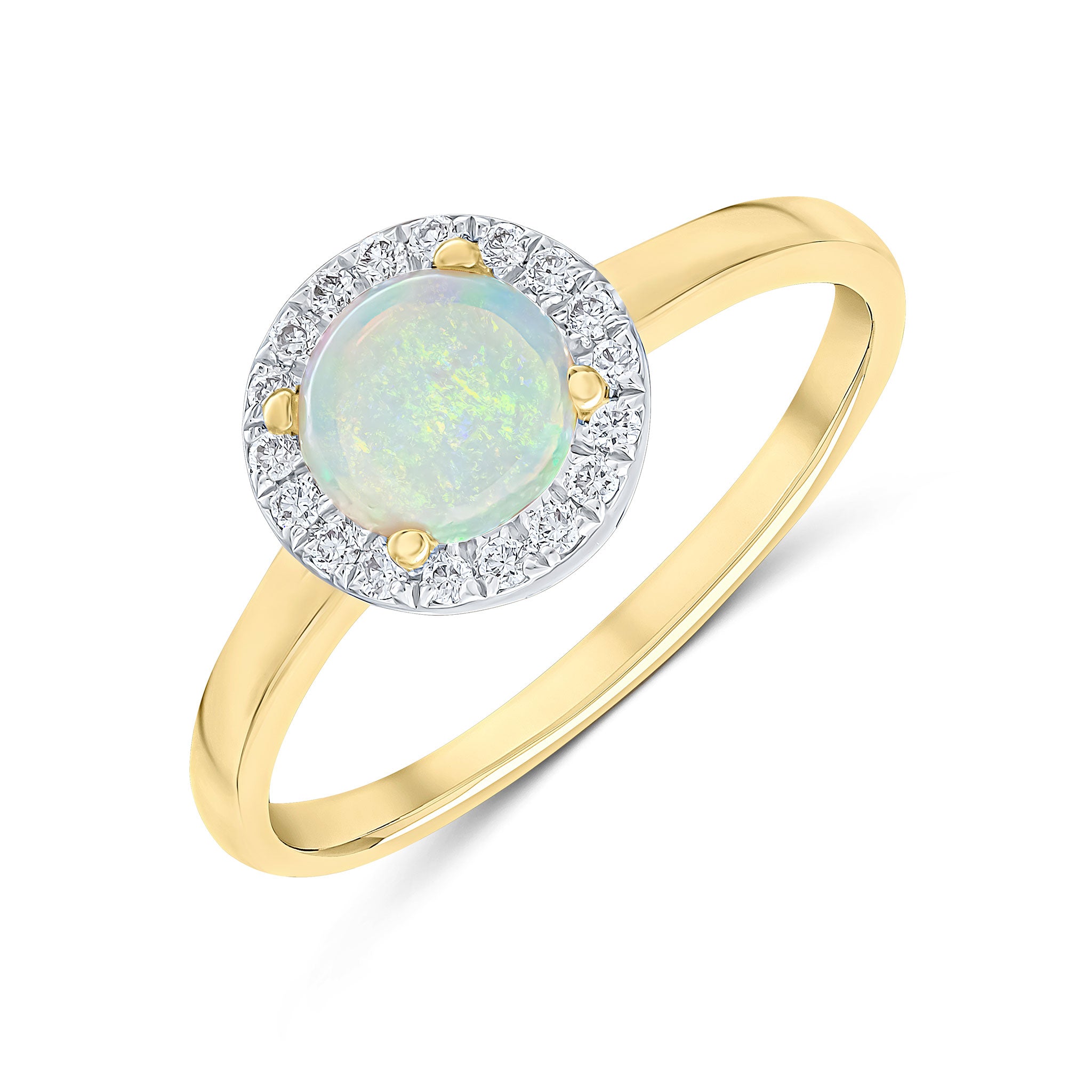 18ct Yellow Gold 6mm Round Opal and Diamond Claw Set Cluster Ring Rhodium to Diamonds