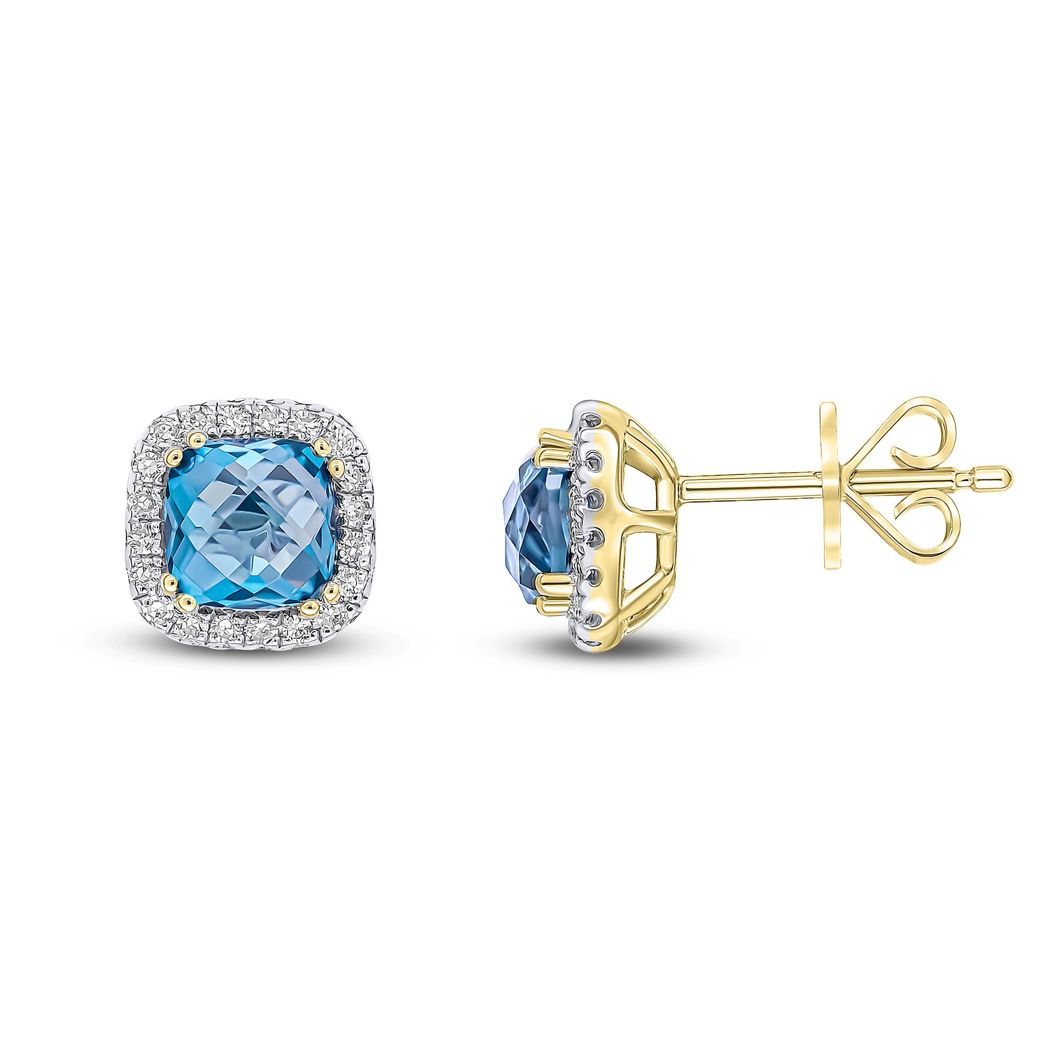 9ct Yellow Gold 5mm Checkerboard Cut Cushion London Blue Topaz & Diamond Cluster Earrings Rhodium to Diamonds