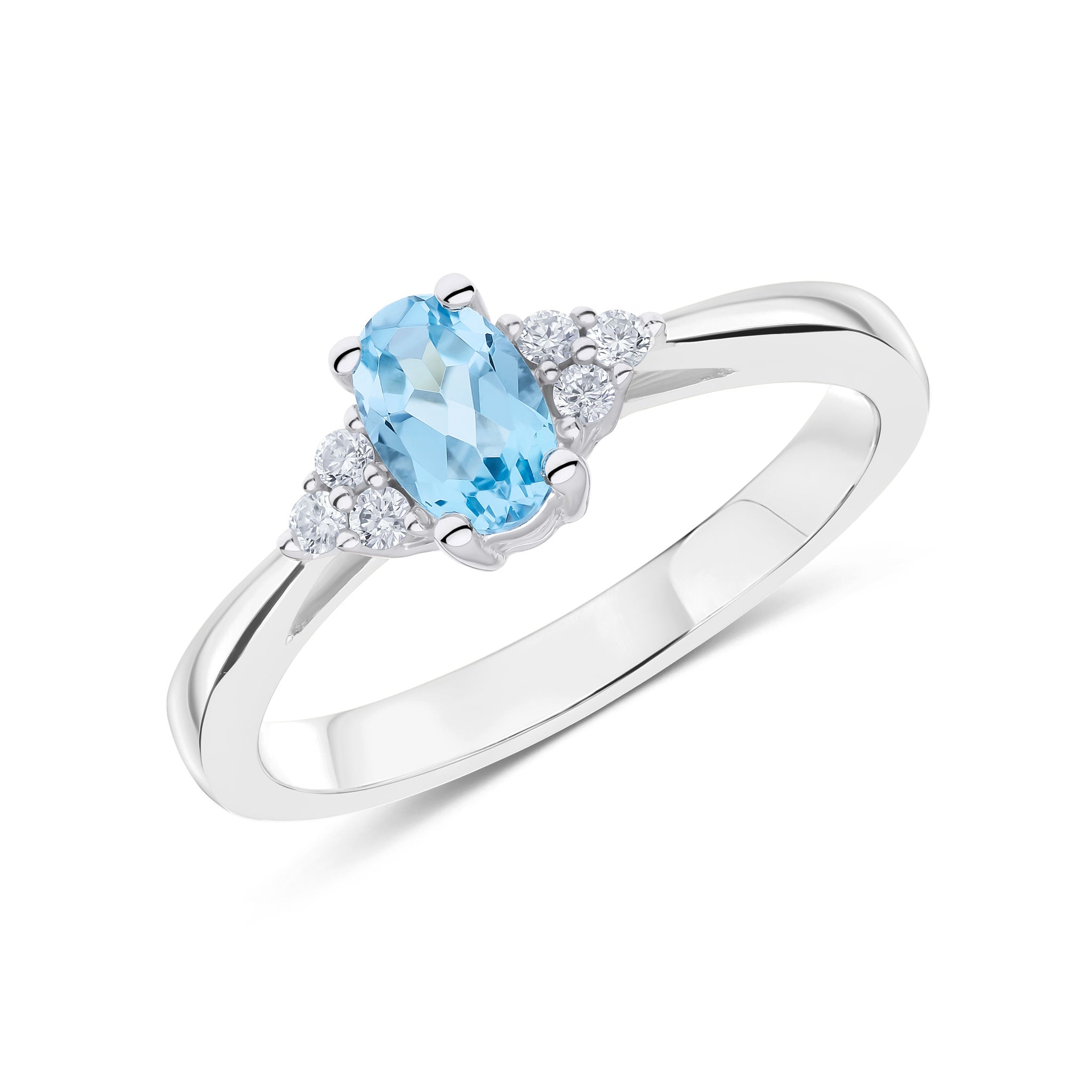 9ct White Gold 6x4 Oval Swiss Blue Topaz and Round Diamond Trefoil Shoulders Ring