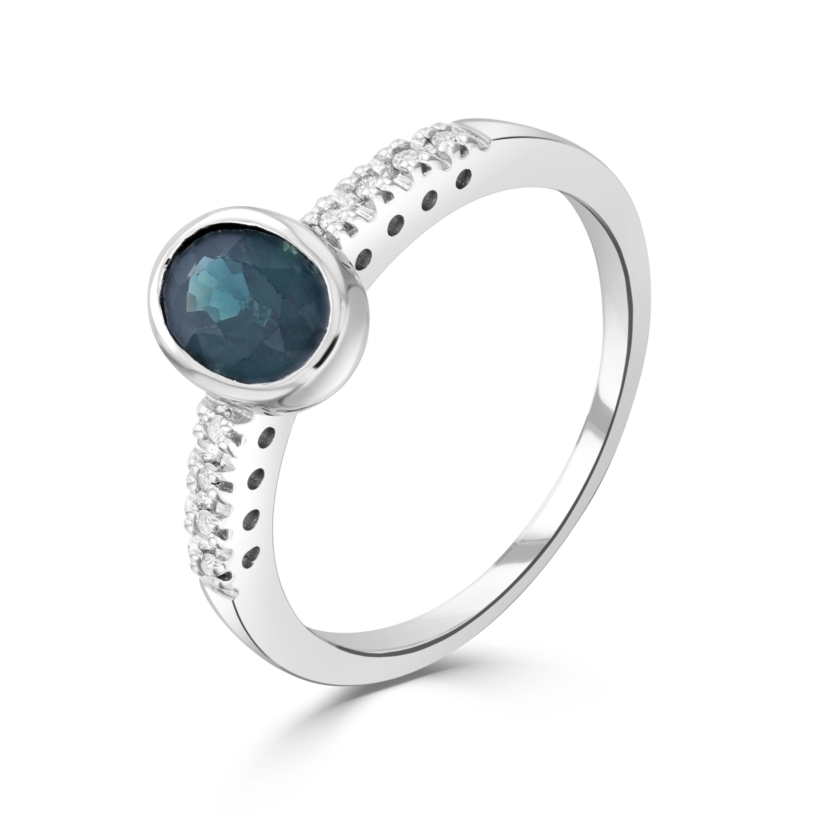 9ct White Gold Rubover 7x5 Oval Sapphire Single Stone Ring with Claw Set Diamond Shoulders