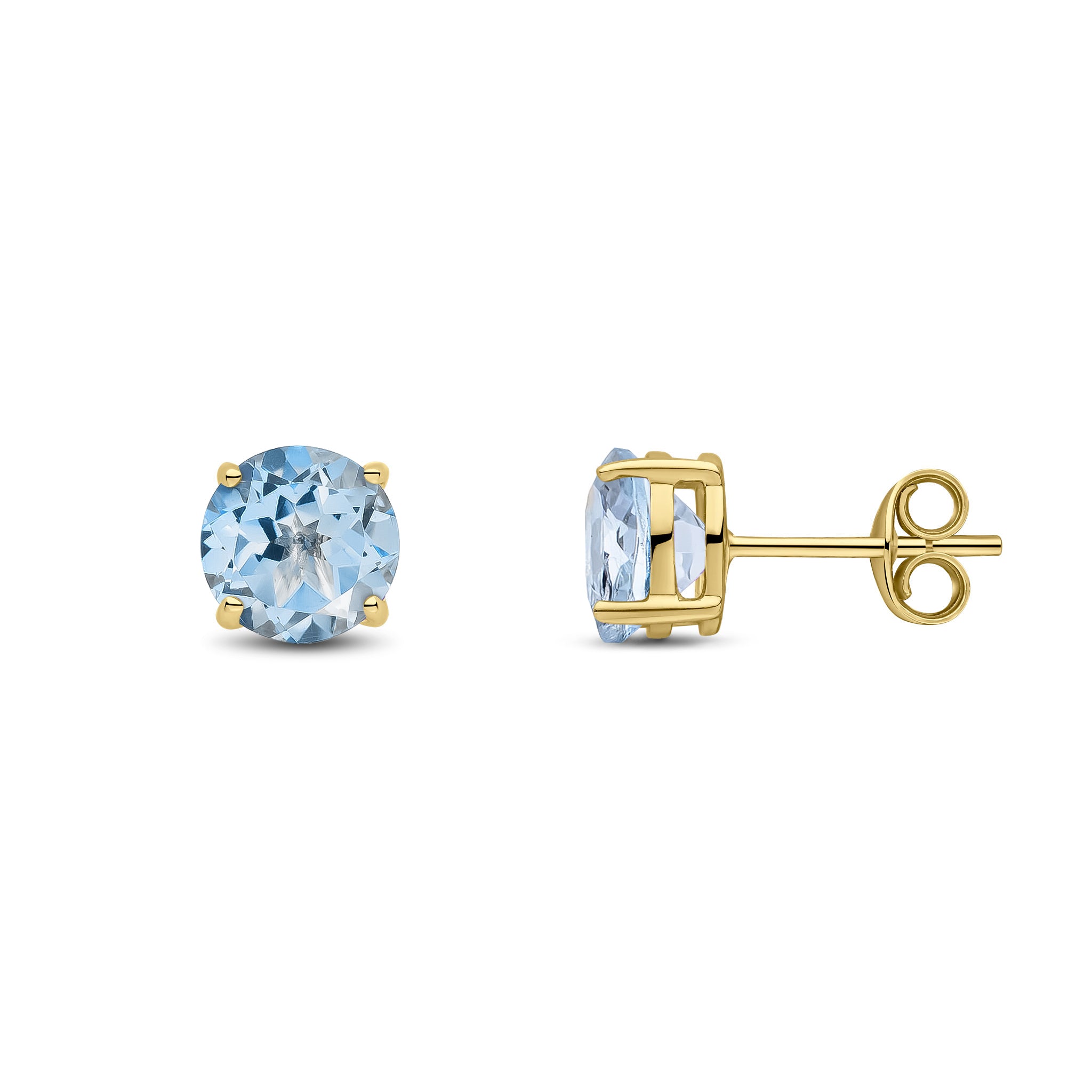 9ct Yellow Gold 7mm Round Aquamarine Claw Set Earrings