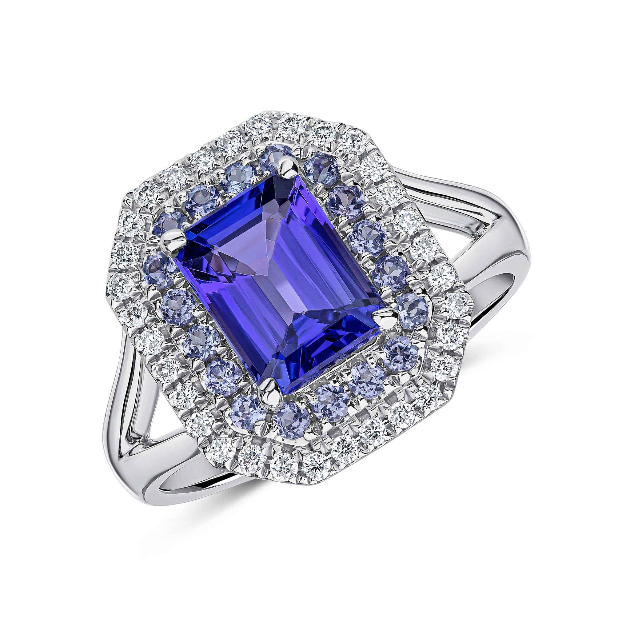18ct White Gold 8x6 Octagon Tanzanite Round Tanzanite and Diamond 2 Row Border Cluster Ring