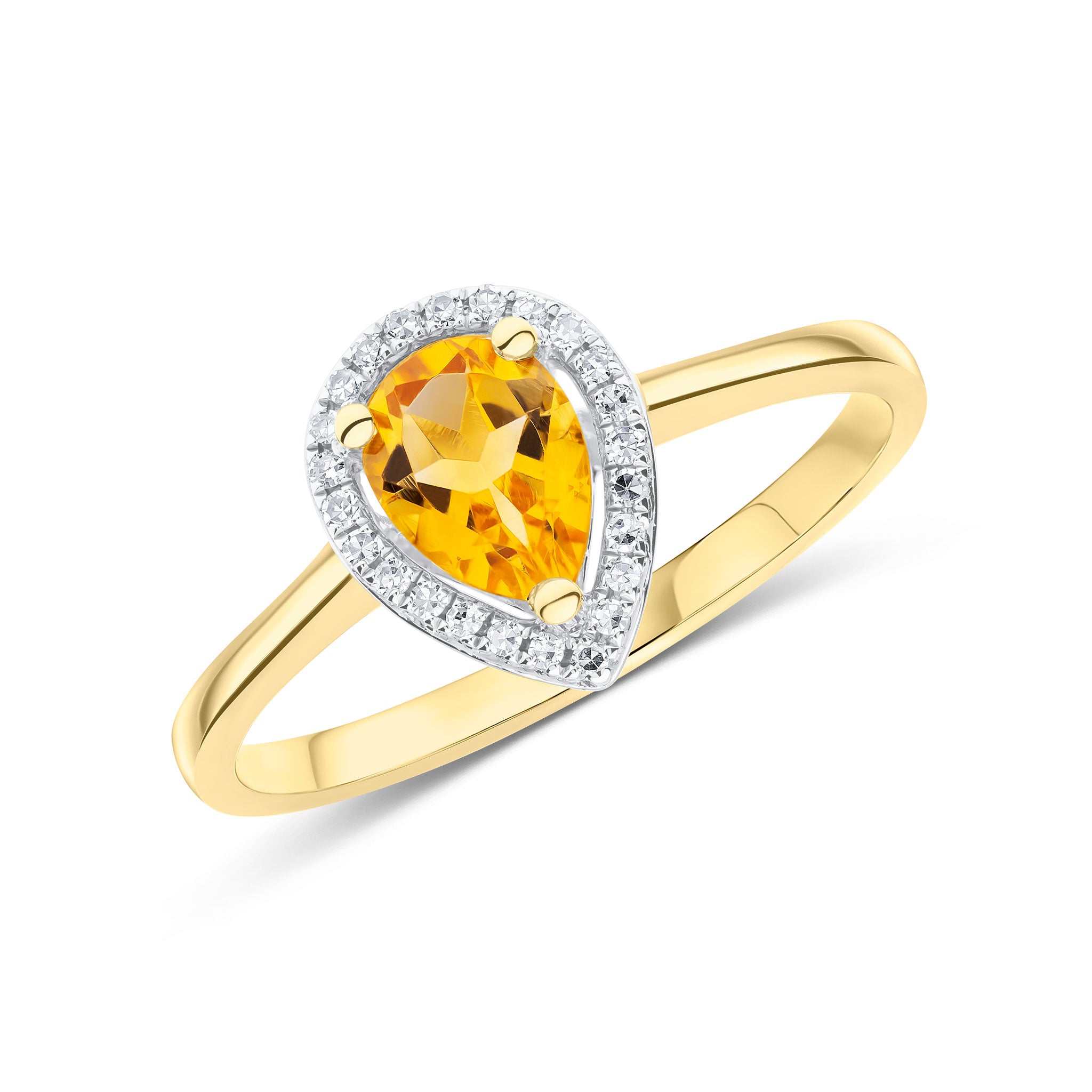 9ct Yellow Gold 7x5 Pear Shape Citrine & Round Diamond Claw Set Halo Cluster Ring Rhodium to Diamonds