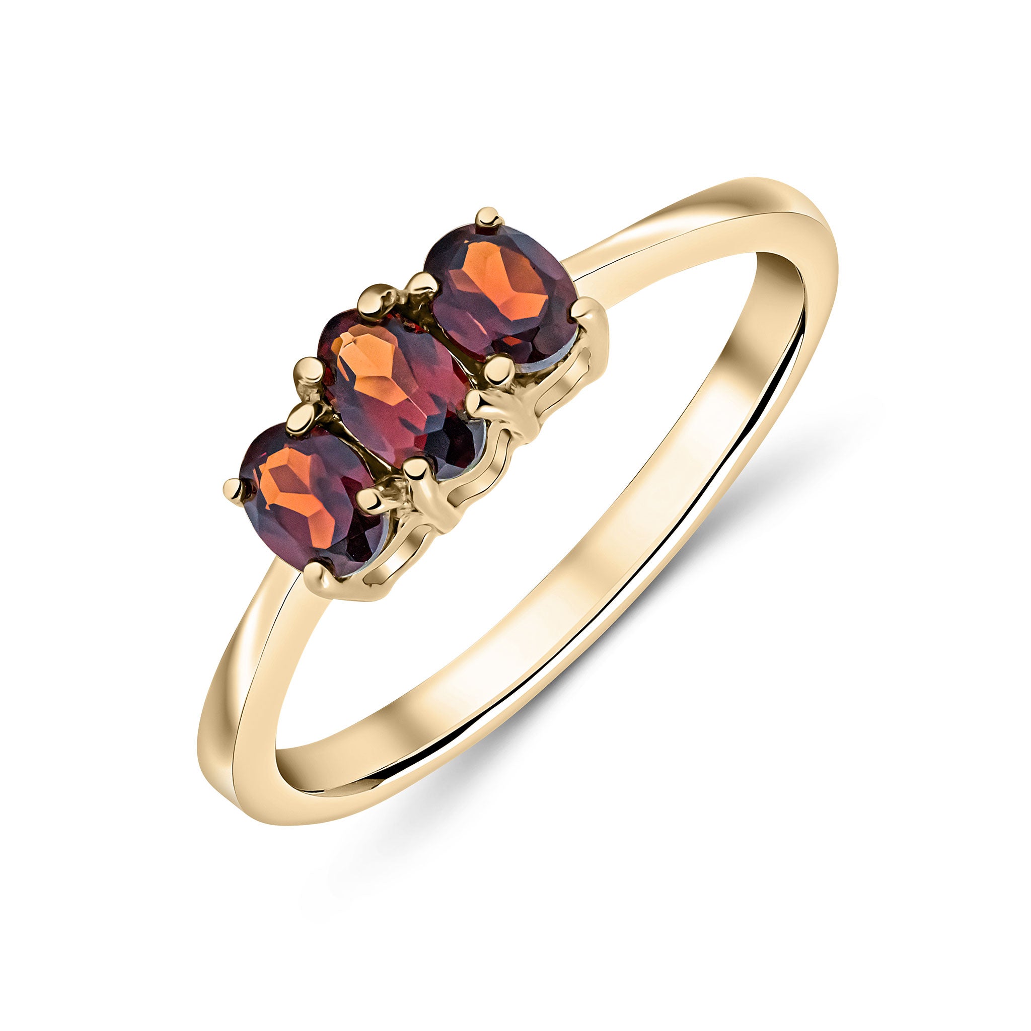 9ct Yellow Gold Oval Garnet 3 Stone Claw Set Ring