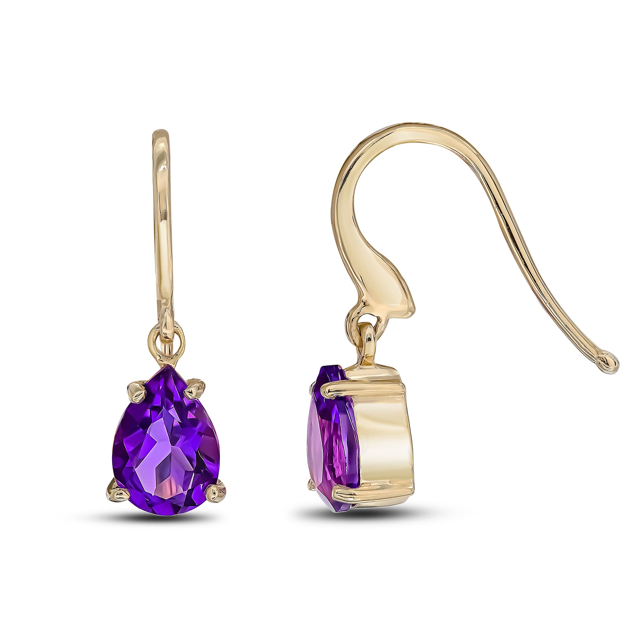9ct Yellow Gold 7x5mm Pear Shape Amethyst Claw Set Wire Hook Drop Earrings