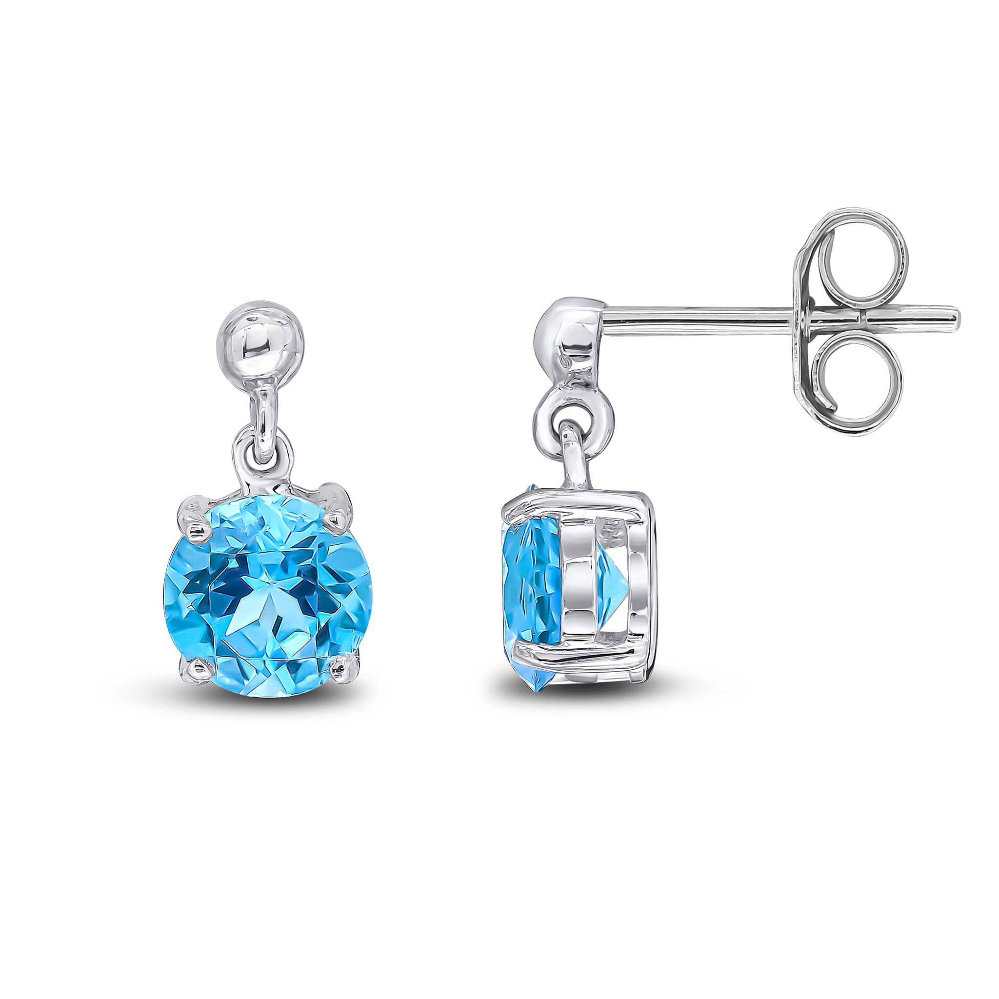9ct White Gold 6mm Round Swiss Blue Topaz Claw Set Drop Earrings with Bead Top