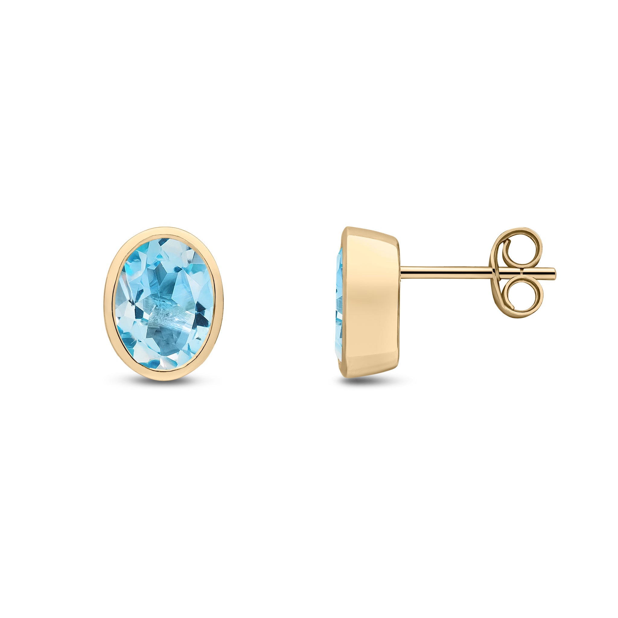 9ct Yellow Gold 8x6 Oval Swiss Blue Topaz Rubover Earrings