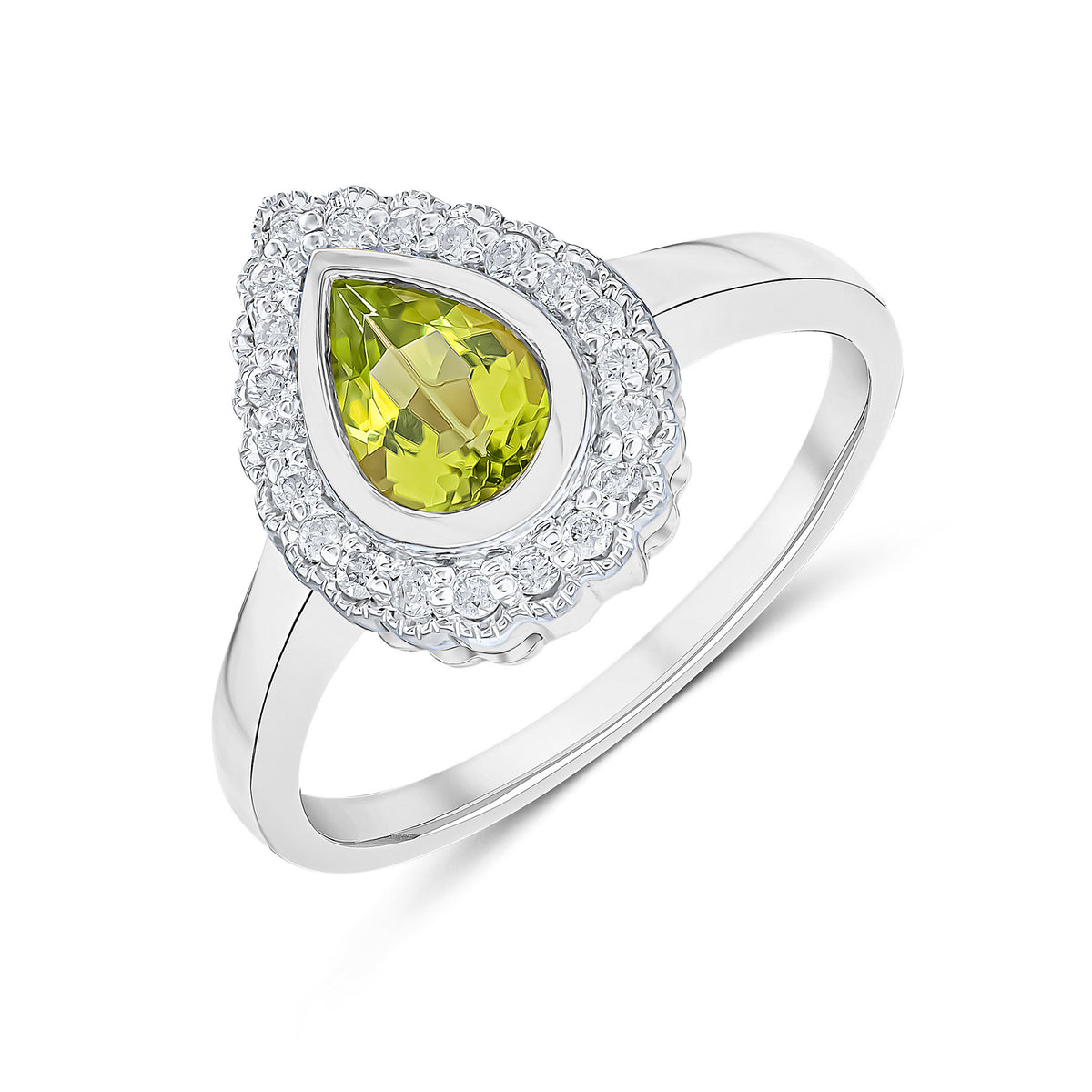 9ct White Gold Pear Shape Rubover Peridot and Milgrain Round Diamond Cluster Ring