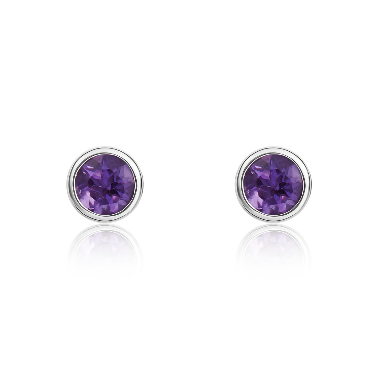 9ct White Gold 3mm Round Amethyst Rubover Earrings