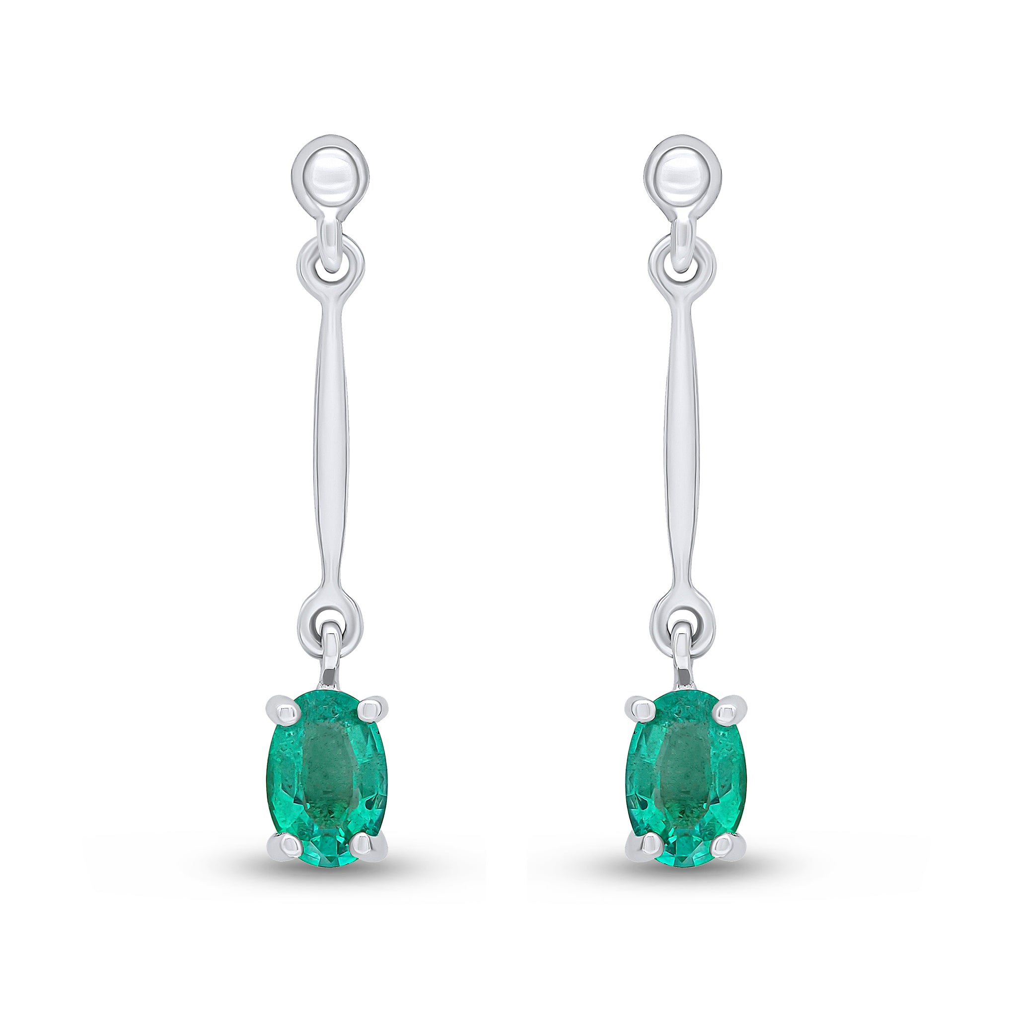 9ct White Gold Claw Set 6x4mm Oval Emerald and Bar Drop Earrings