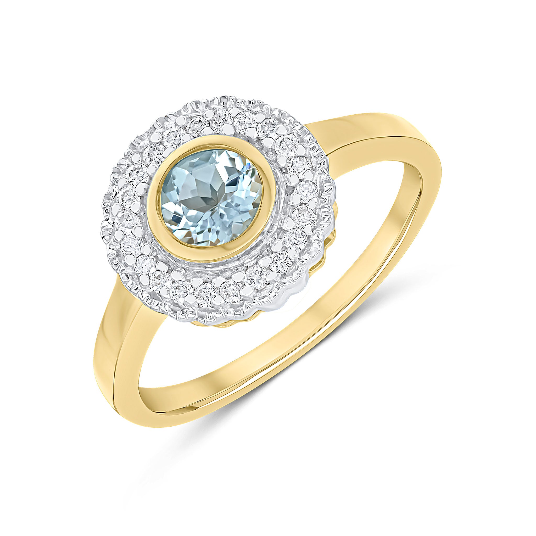 9ct Yellow Gold Round Rubover Aquamarine and Milgrain Round Diamond Cluster Ring Rhodium to Diamonds