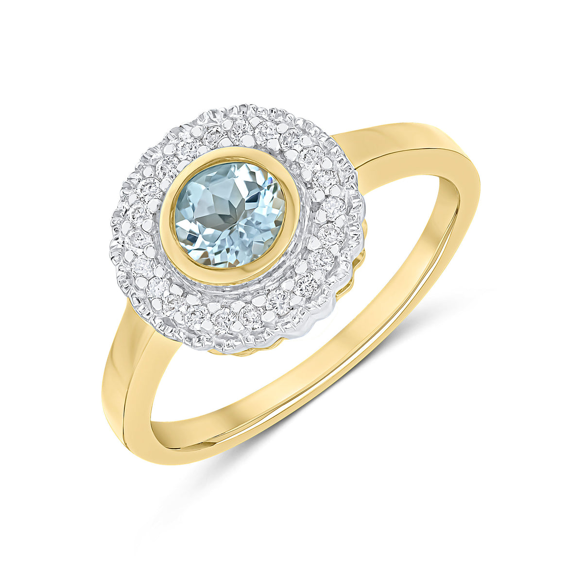 9ct Yellow Gold Round Rubover Aquamarine and Milgrain Round Diamond Cluster Ring Rhodium to Diamonds