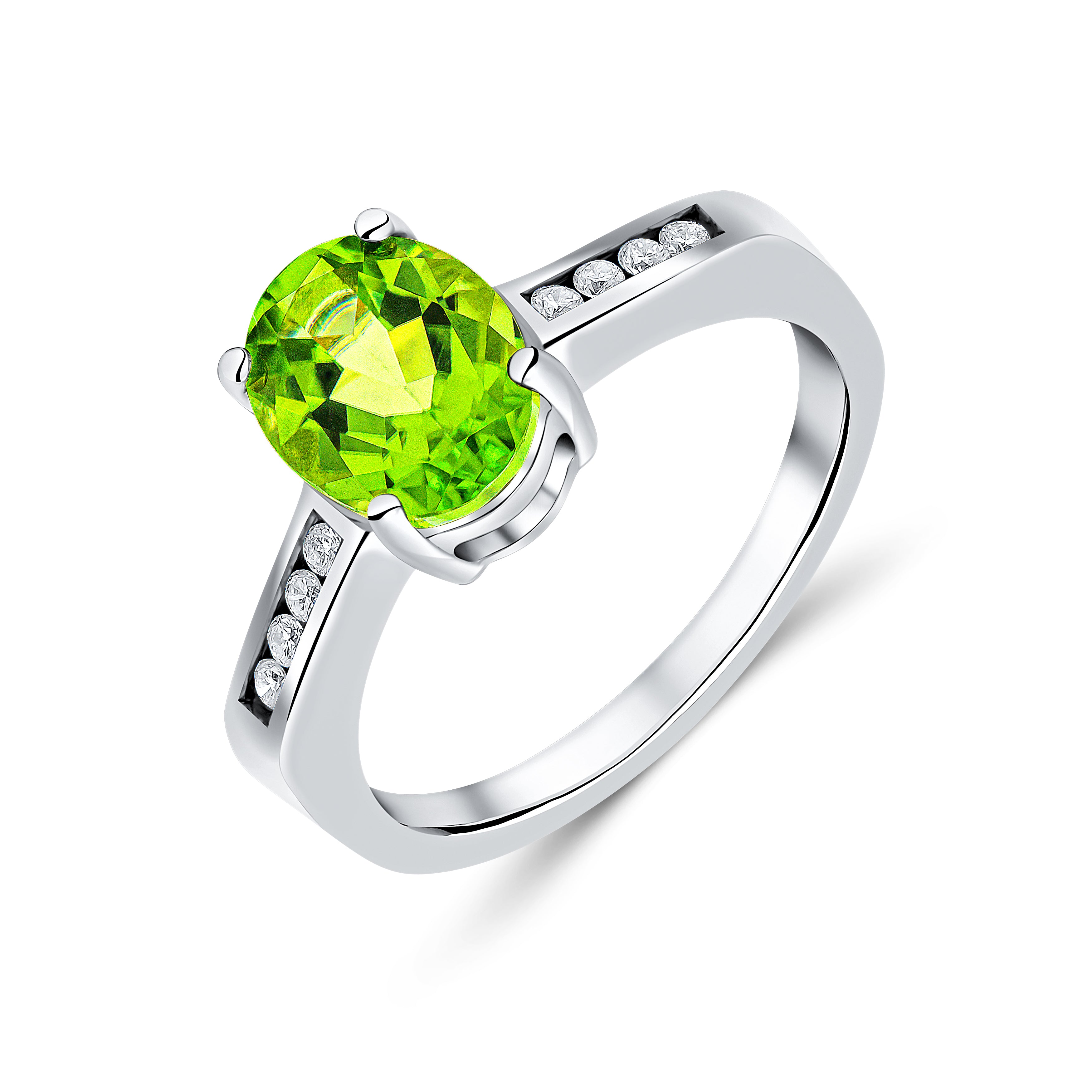 9ct White Gold Claw Set 9x7 Oval Peridot Single Stone Ring with Channel Set Diamond Shoulders