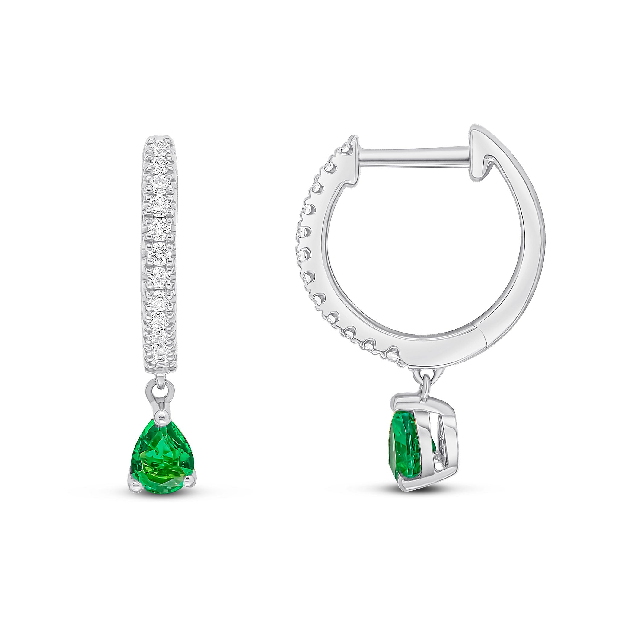18ct White Gold Claw Set Diamond Hoop Earrings with Pear Shape Emerald Drop